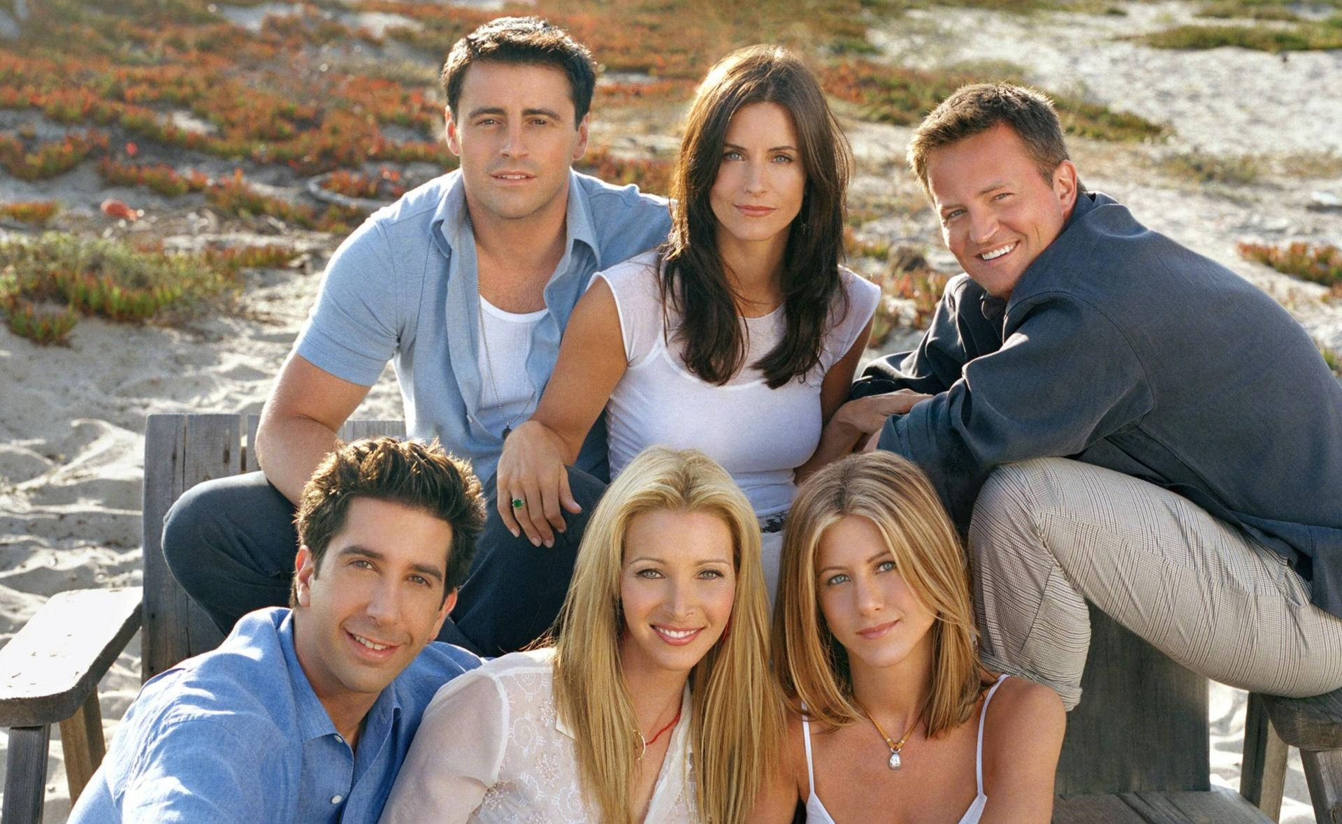 Friends, main casts, wooden bench, Full HD Desktop Wallpaper