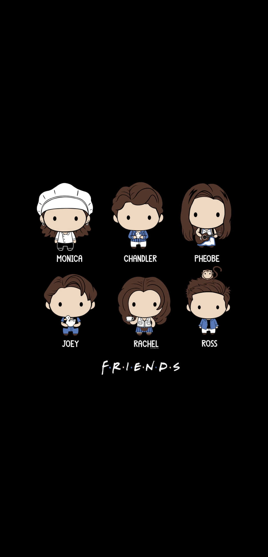 Friends, chibi-style, black background, Full HD Phone Wallpaper