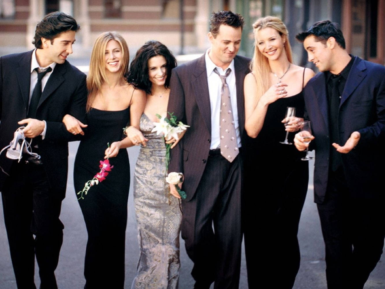 Friends, formal wear, city street, HD Desktop Wallpaper