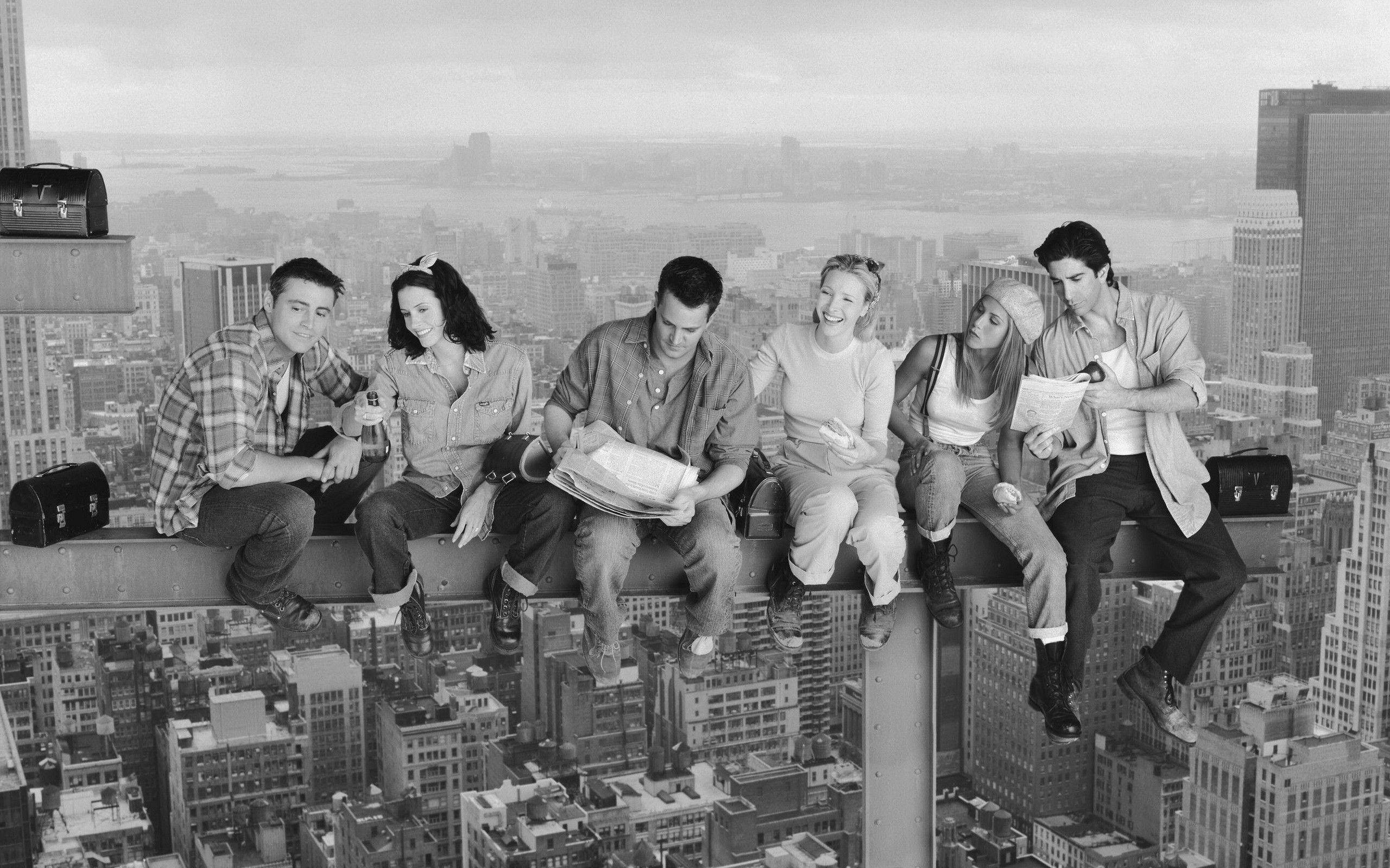 Friends, skyscraper ledge, cityscape, 2K Desktop Wallpaper