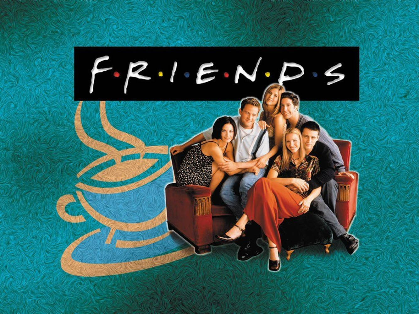 Friends Logo, red couch, teal swirling background, HD Desktop Wallpaper