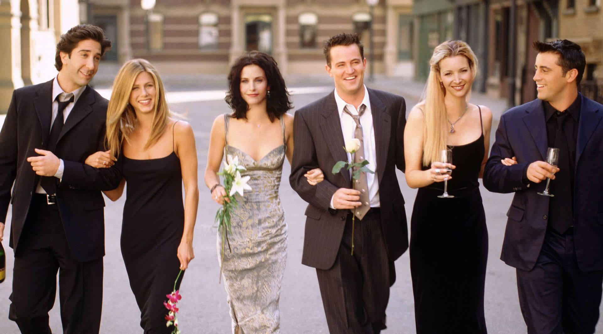 Friends, formal wear, sunlit European street, Full HD Desktop Wallpaper