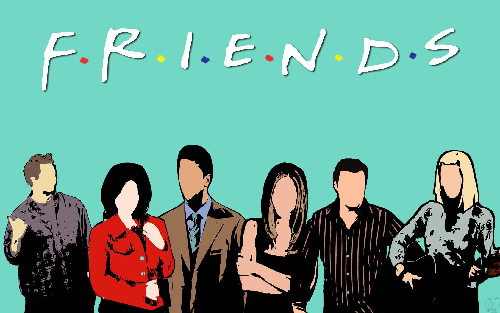 Friends Logo, teal background, Six iconic TV characters, HD Desktop Wallpaper
