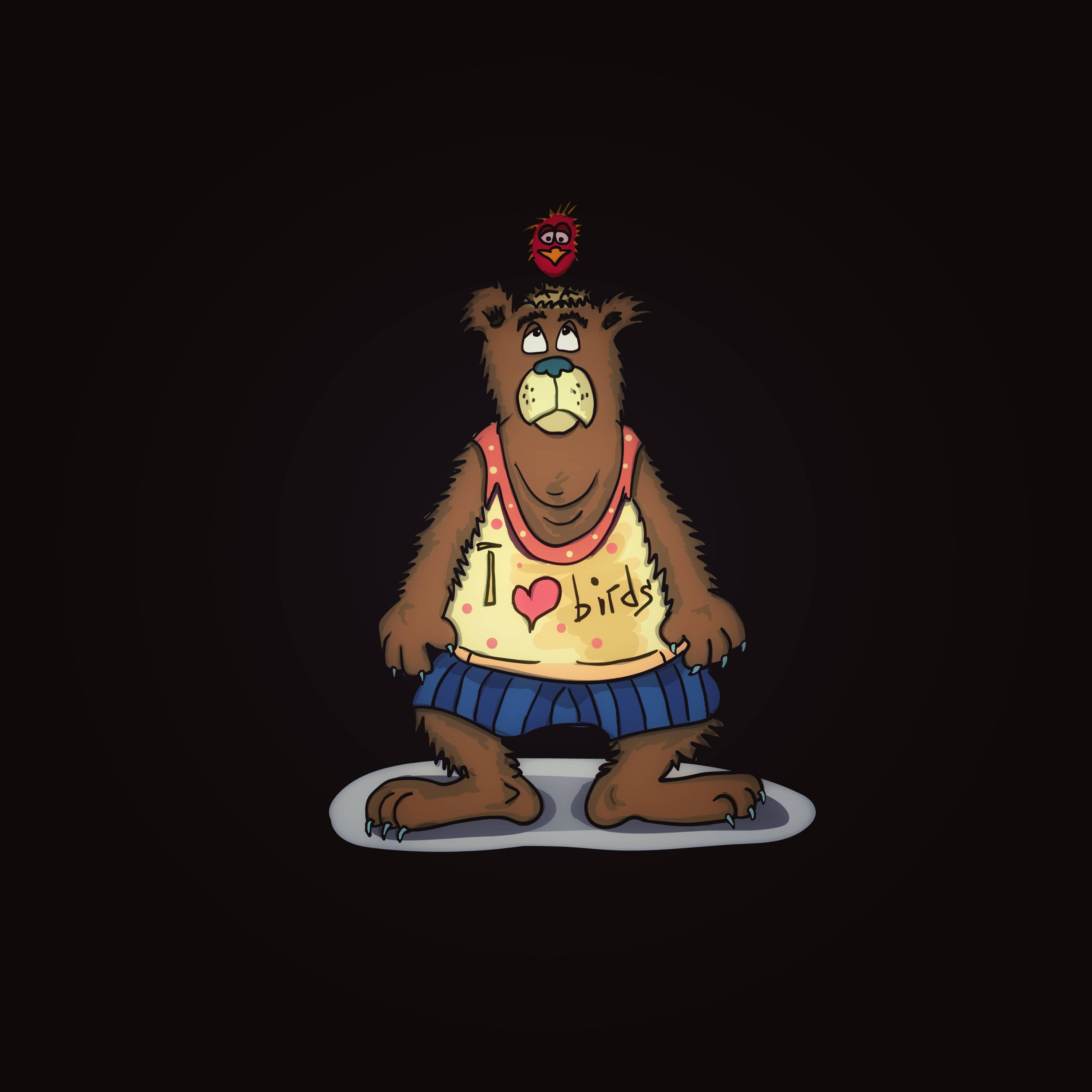 bear, bird, yellow tank top, 2K Desktop Wallpaper
