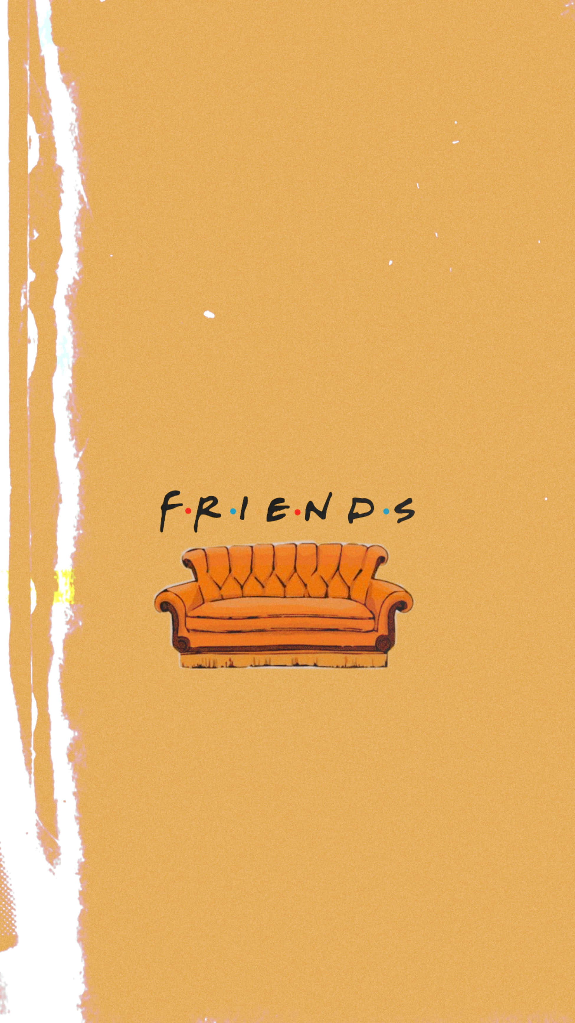 Friends, orange couch, mustard-yellow background, 2K Phone Wallpaper