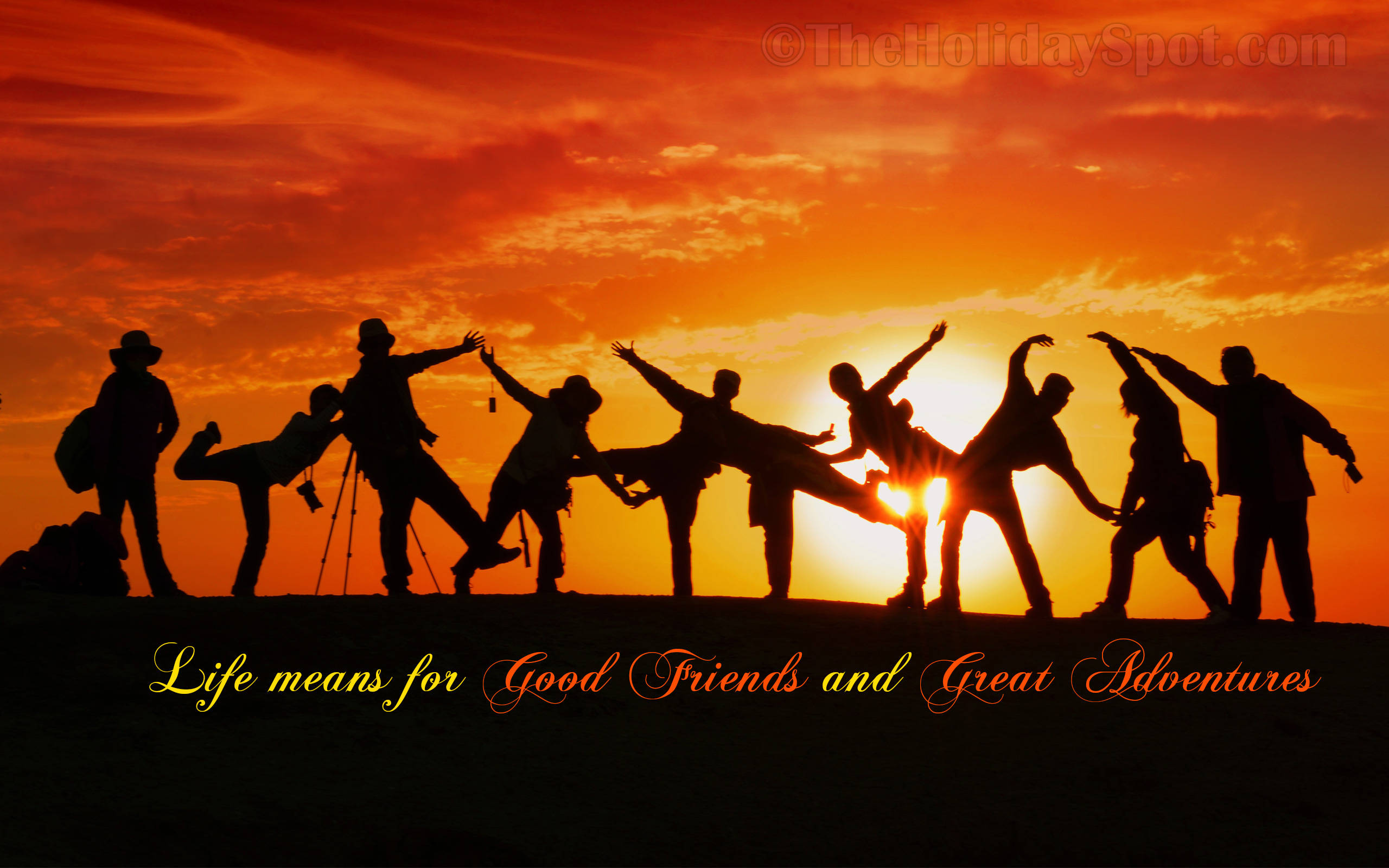 Good Friends And Great Adventures, silhouetted friends, hill, 2K Desktop Wallpaper