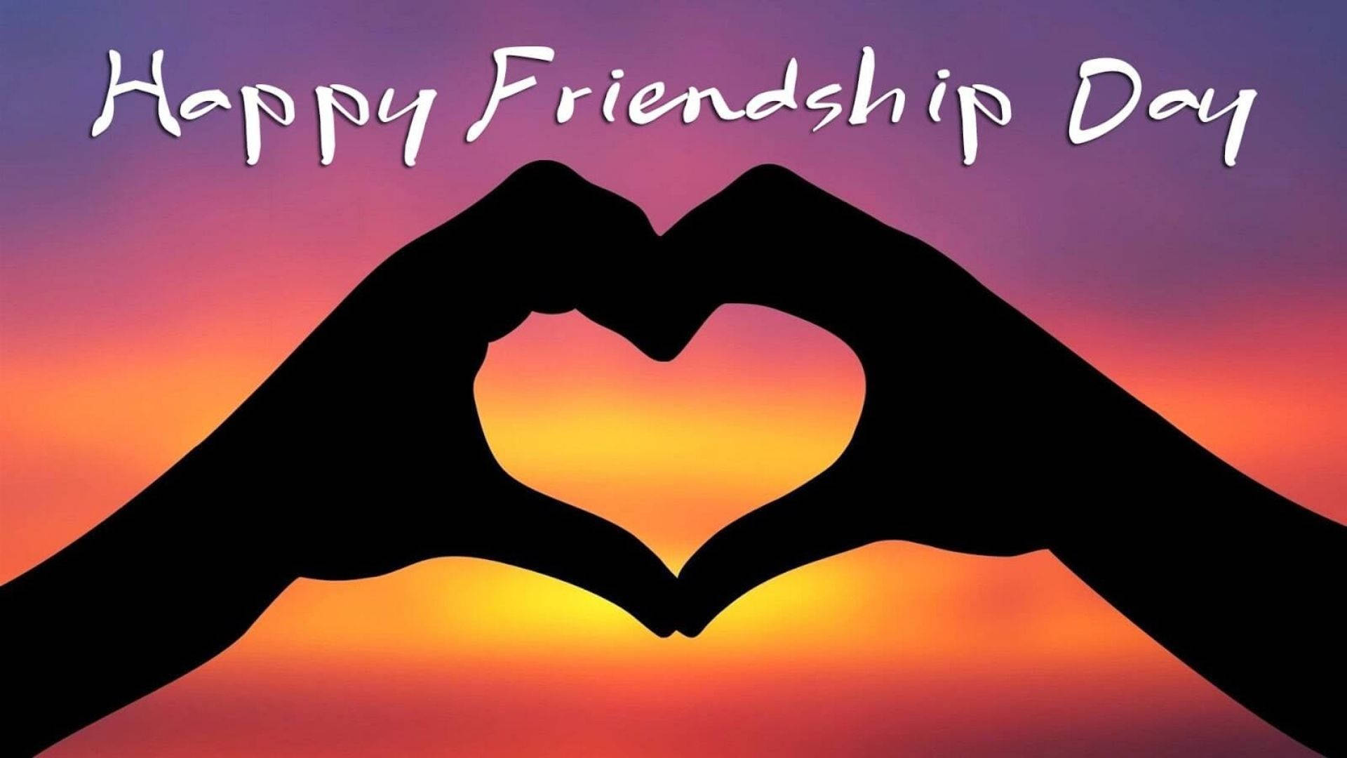 Happy Friendship Day, vibrant sunset sky, two hands, Full HD Desktop Wallpaper