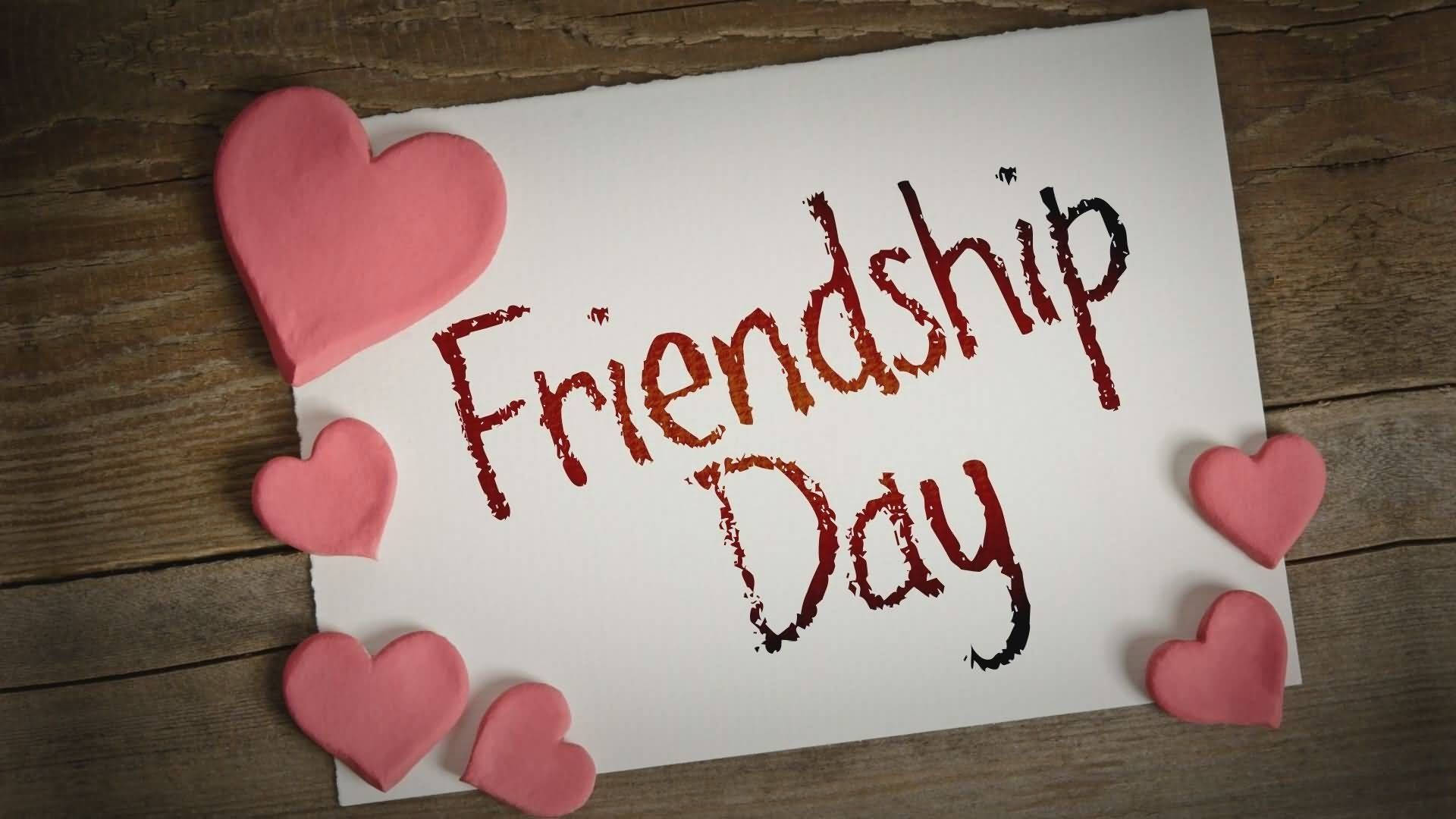Friendship Day, pink clay hearts, rustic wooden surface, Full HD Desktop Wallpaper