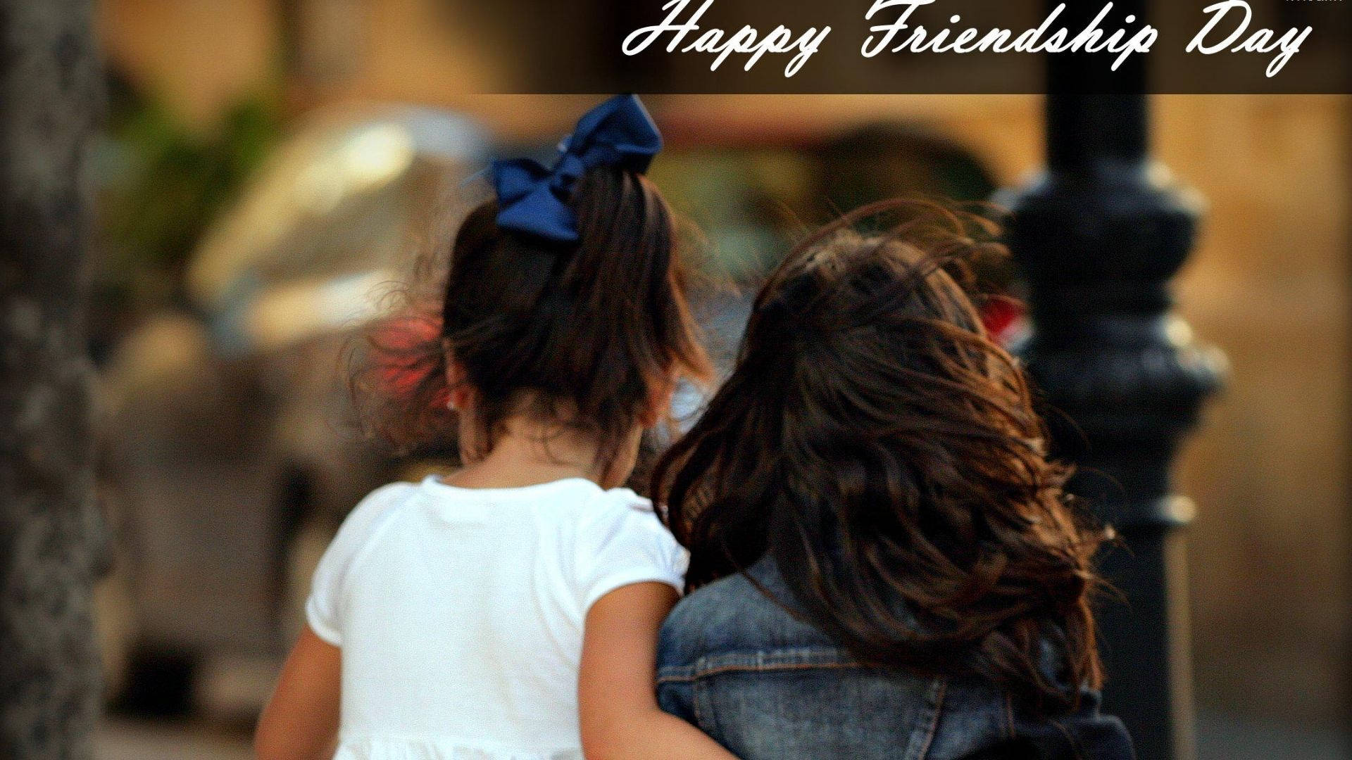 Girls Walking On Friendship Day, dark hair, blue bow, Full HD Desktop Wallpaper