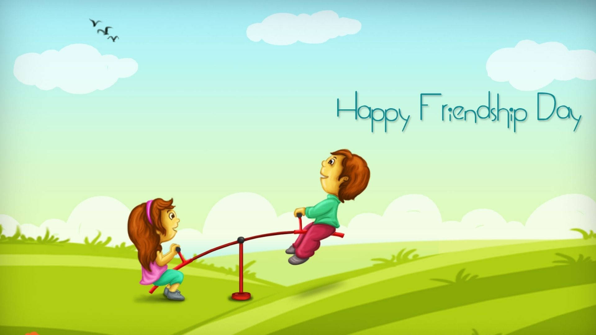 red seesaw, bright green field, blue sky, Full HD Desktop Wallpaper