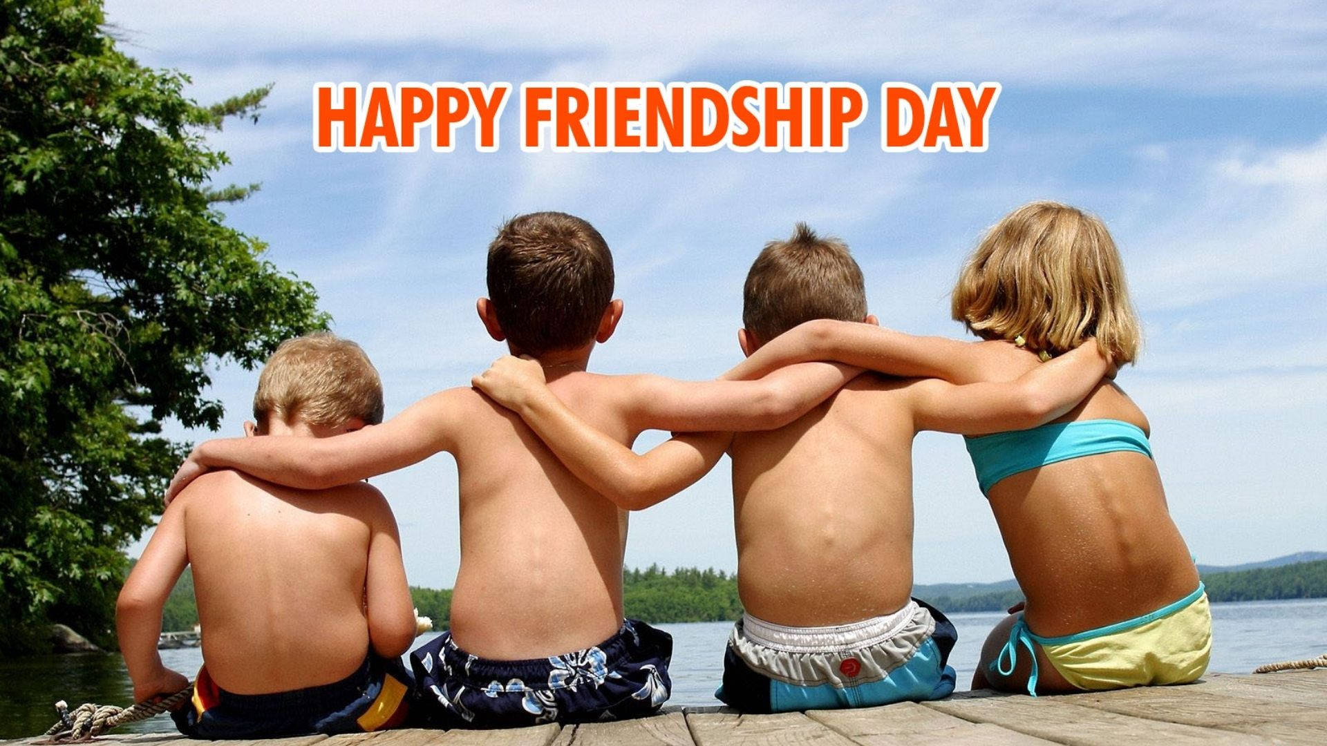 Kids Embracing For Friendship Day, four children, dock, Full HD Desktop Wallpaper