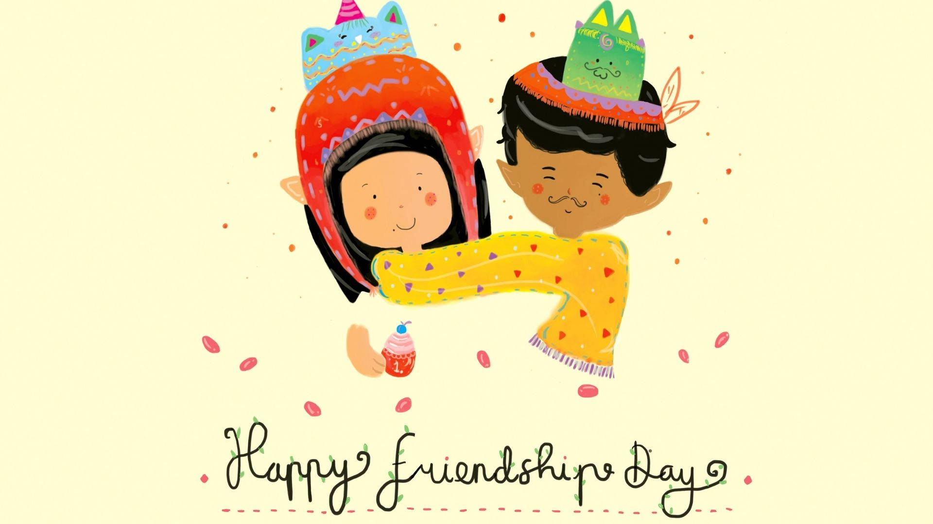 Friendship Day, colorful animal hats, cupcake, Full HD Desktop Wallpaper