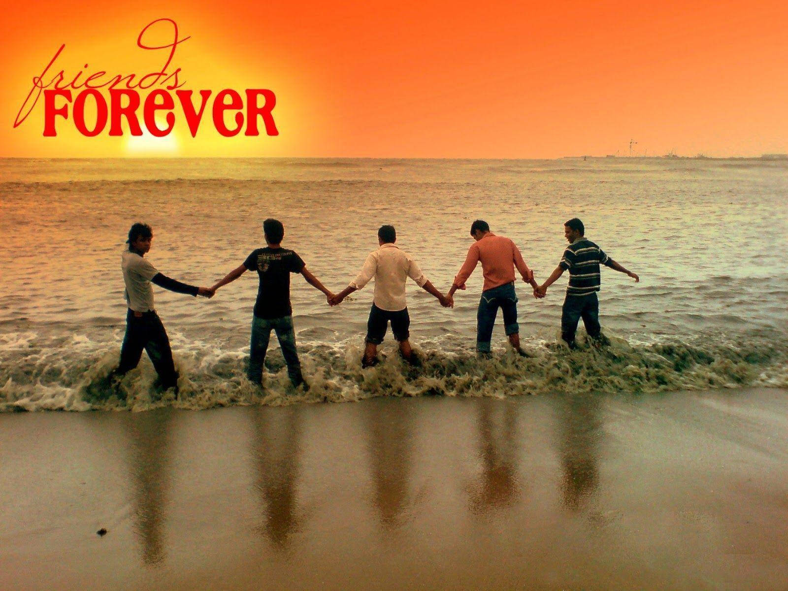 friends forever, fiery sunset, ocean waves, HD Desktop Wallpaper