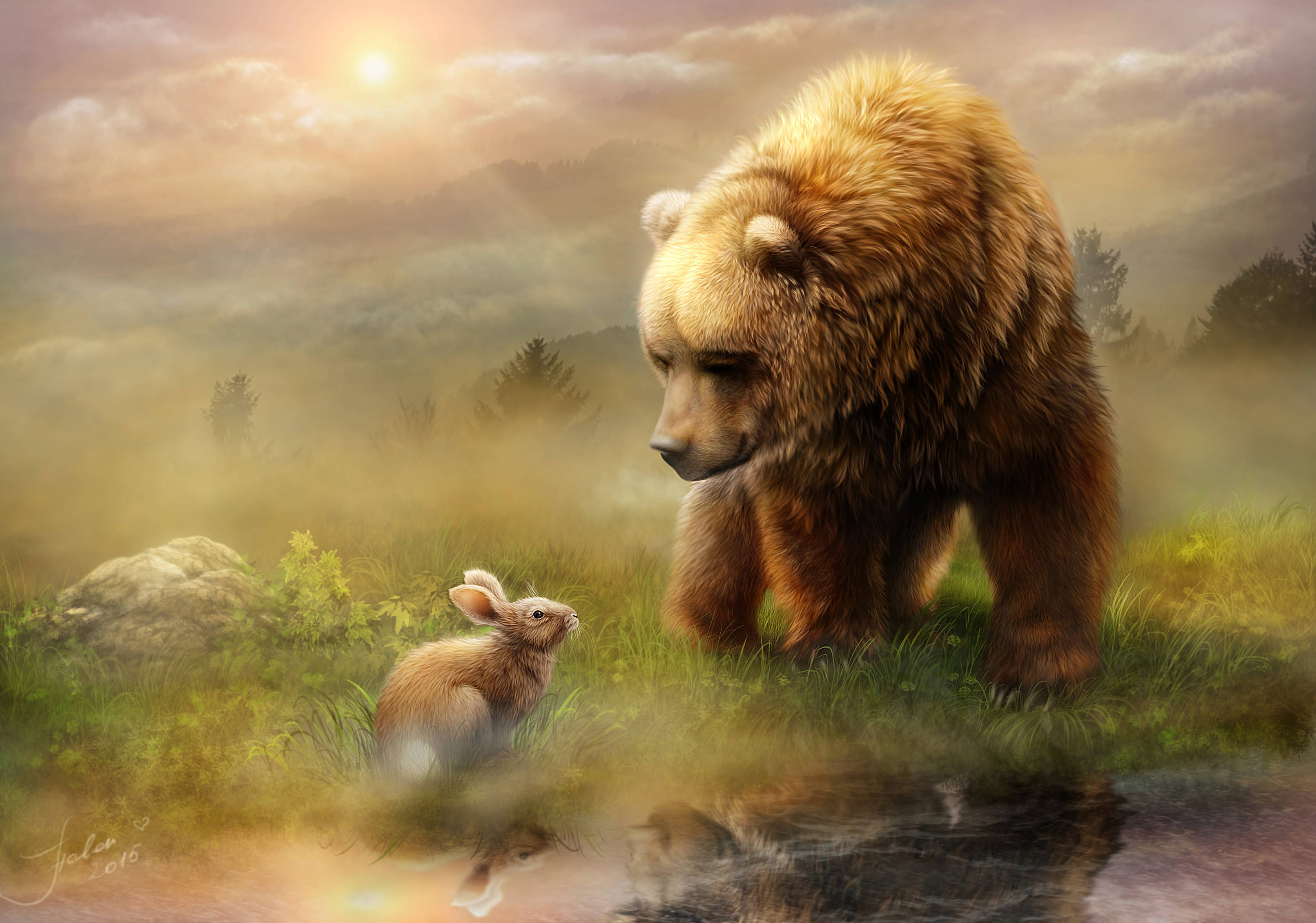 bear, bunny, misty pond, 2K Desktop Wallpaper
