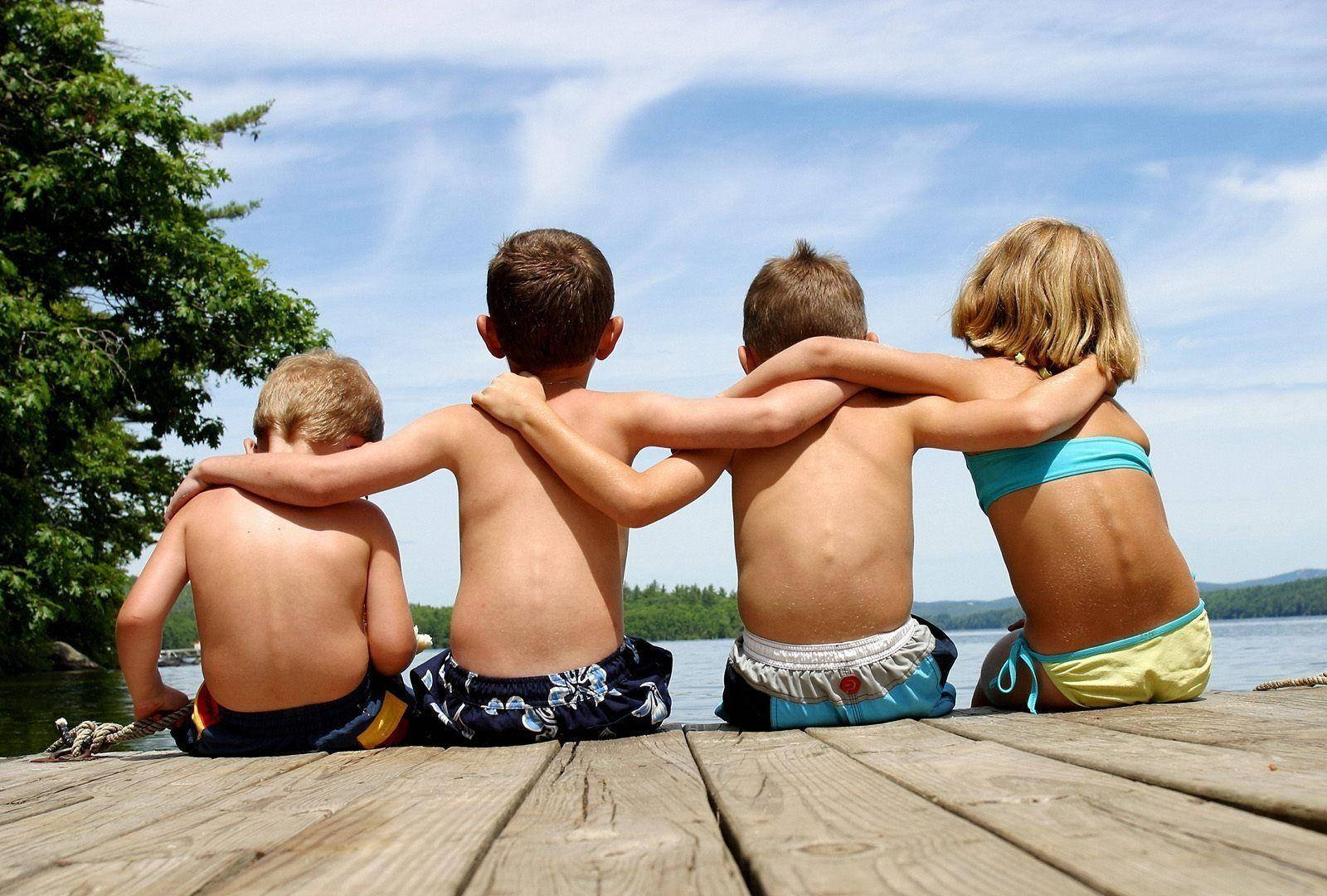 young children, wooden dock, calm lake, HD Desktop Wallpaper