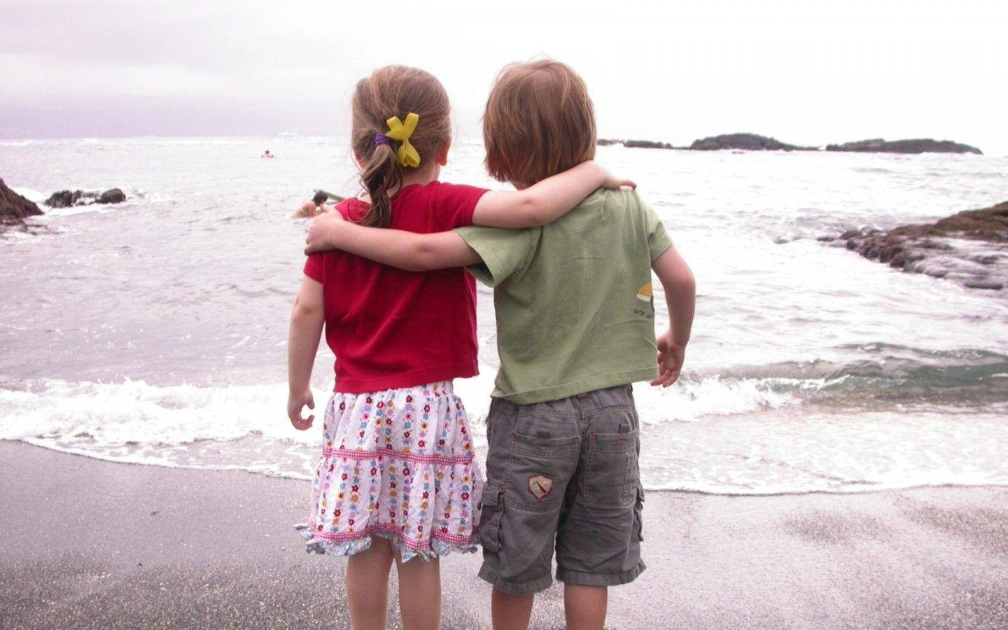 young kids, wet beach, waves crash, HD Desktop Wallpaper