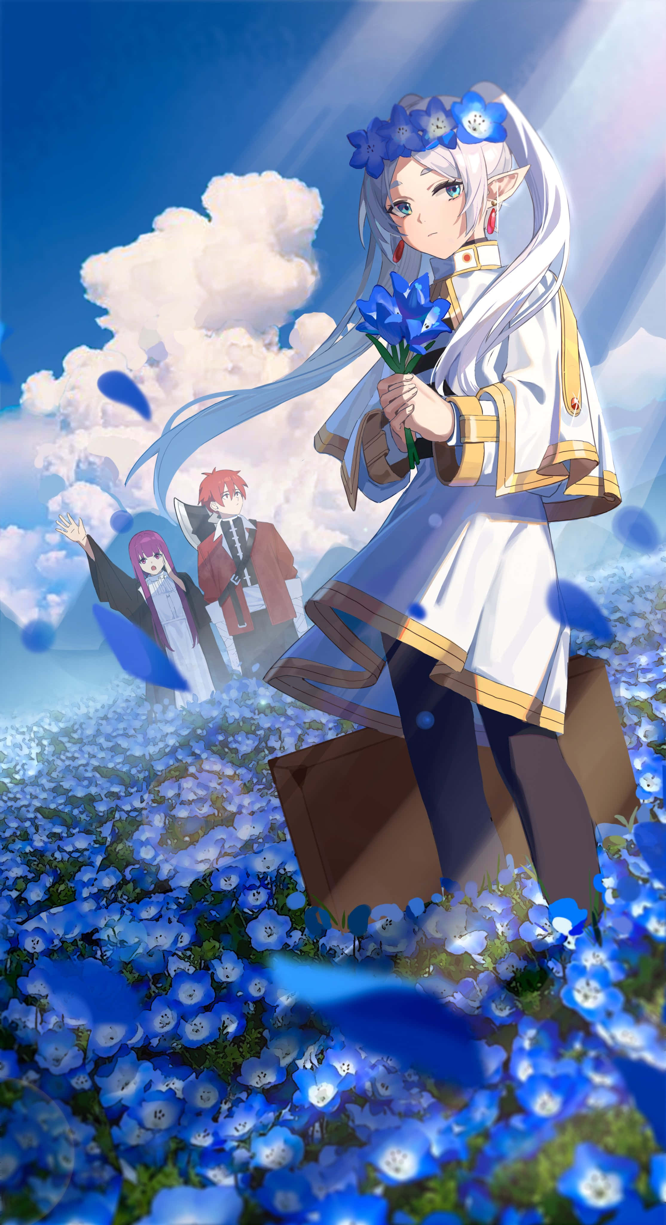 Frieren, elf mage, blue flowers, 4K Phone Wallpaper