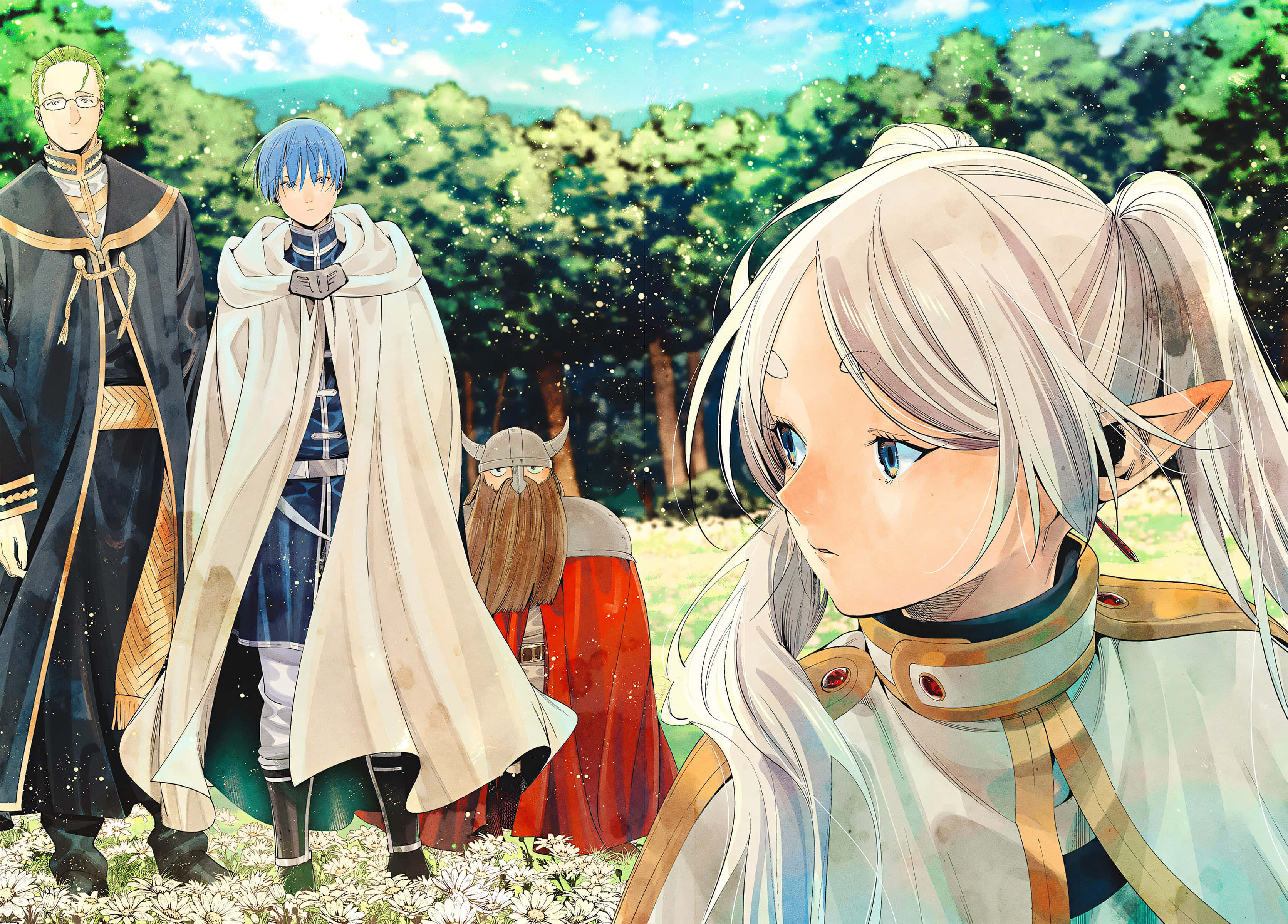 Frieren, adventure partyin forest, sunlit meadow, 2K Desktop Wallpaper