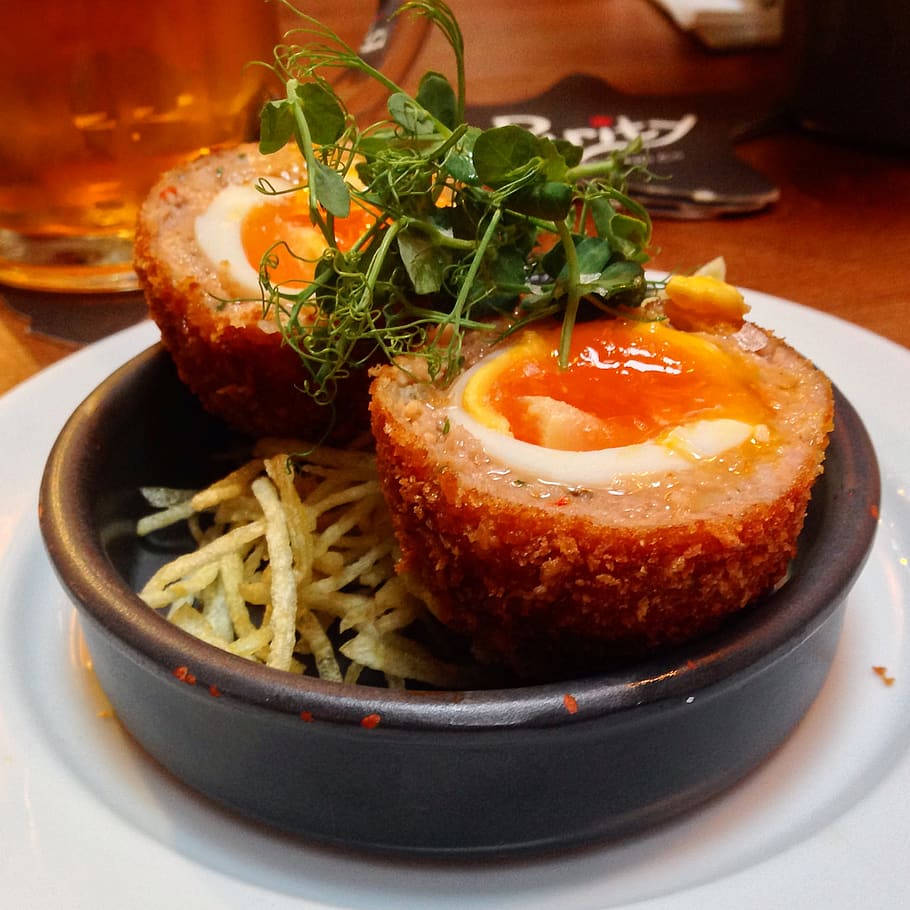 British Scotch Egg, pea tendrils, fries, SD Desktop Wallpaper