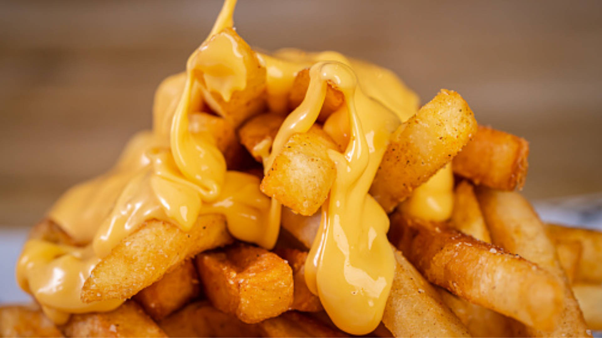 Cheesy French Fries, golden crispy fries, melted cheese curds, Full HD Desktop Wallpaper