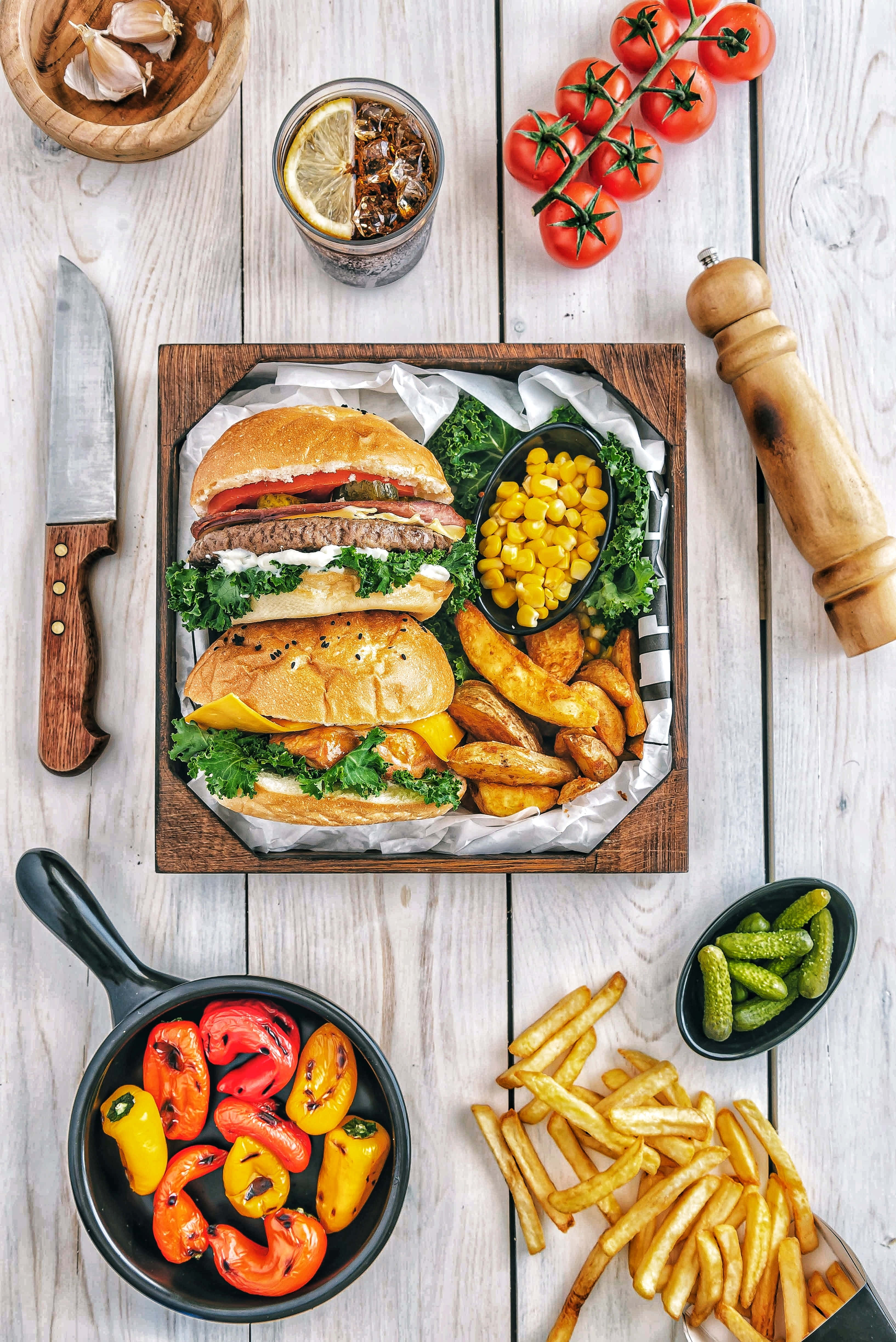 hamburgers, fries, grilled peppers, 4K Phone Wallpaper