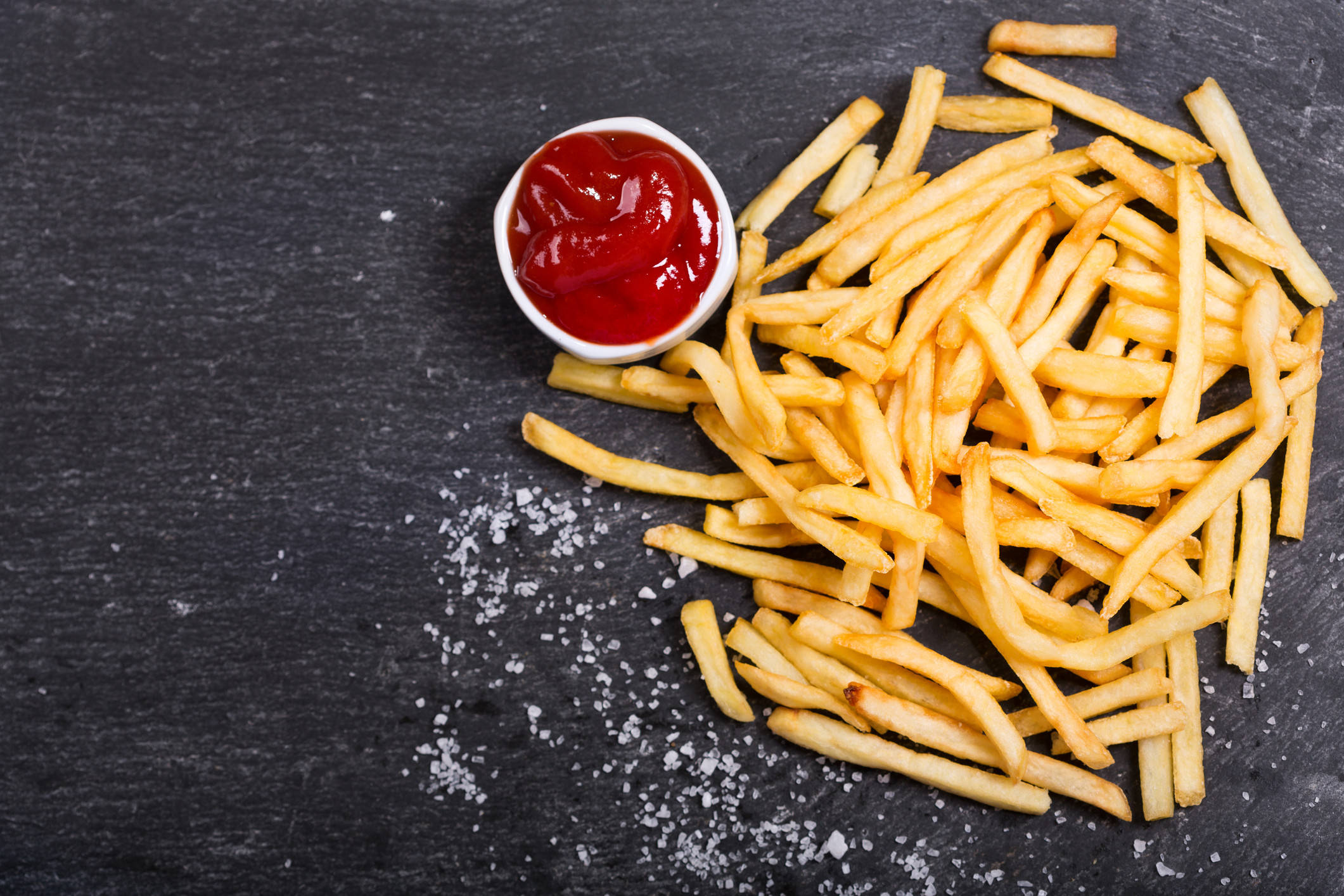 French fries, dark slate, red ketchup, Full HD Desktop Wallpaper