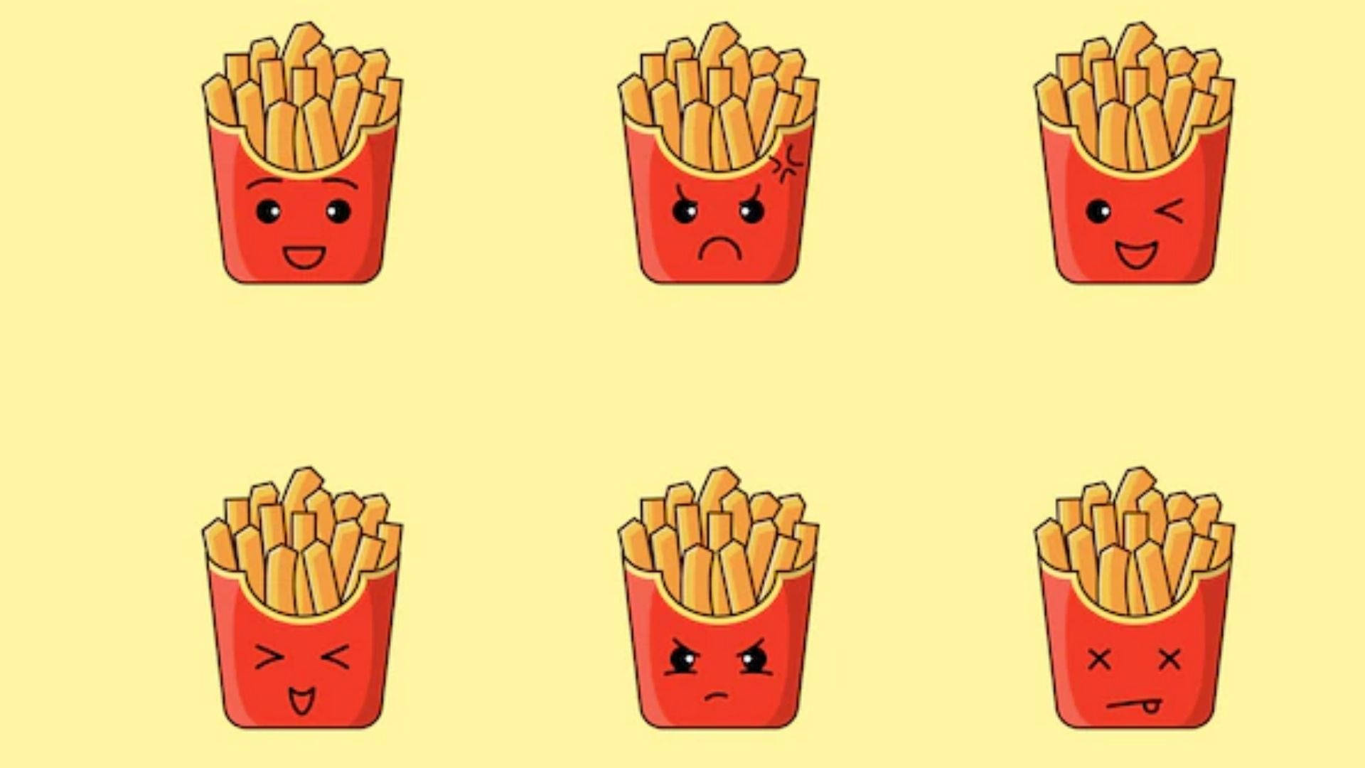 cute french fries emojis, cartoon french fry boxes, silly faces, Full HD Desktop Wallpaper