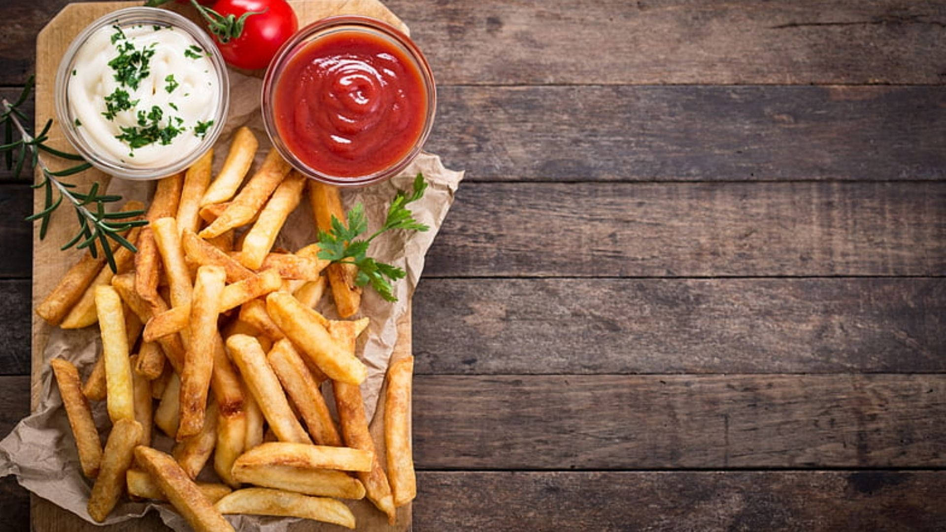 thick cut french fries, parchment paper, ketchup, Full HD Desktop Wallpaper