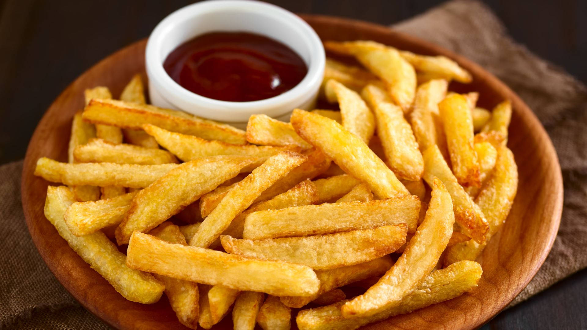 crispy french fries, golden, wooden bowl, Full HD Desktop Wallpaper