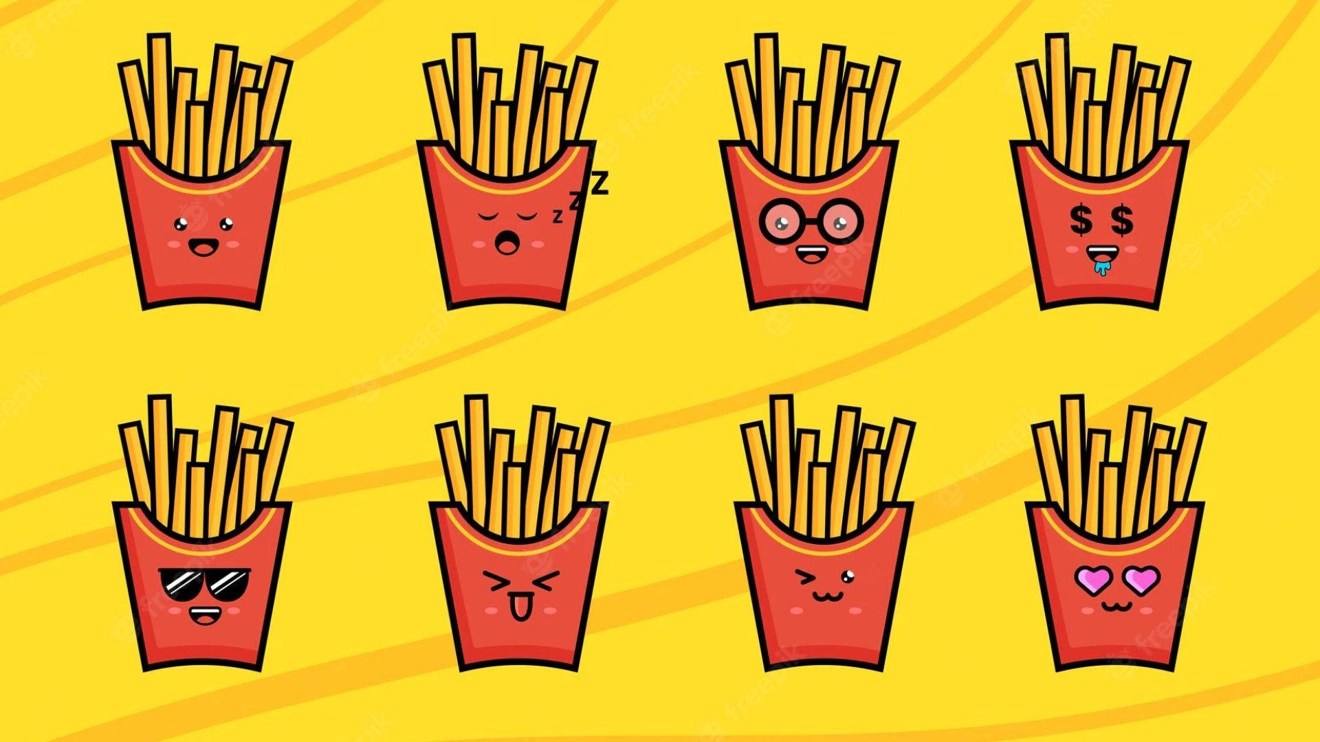french fries emoji art, cartoon french fry boxes, cute faces, Full HD Desktop Wallpaper
