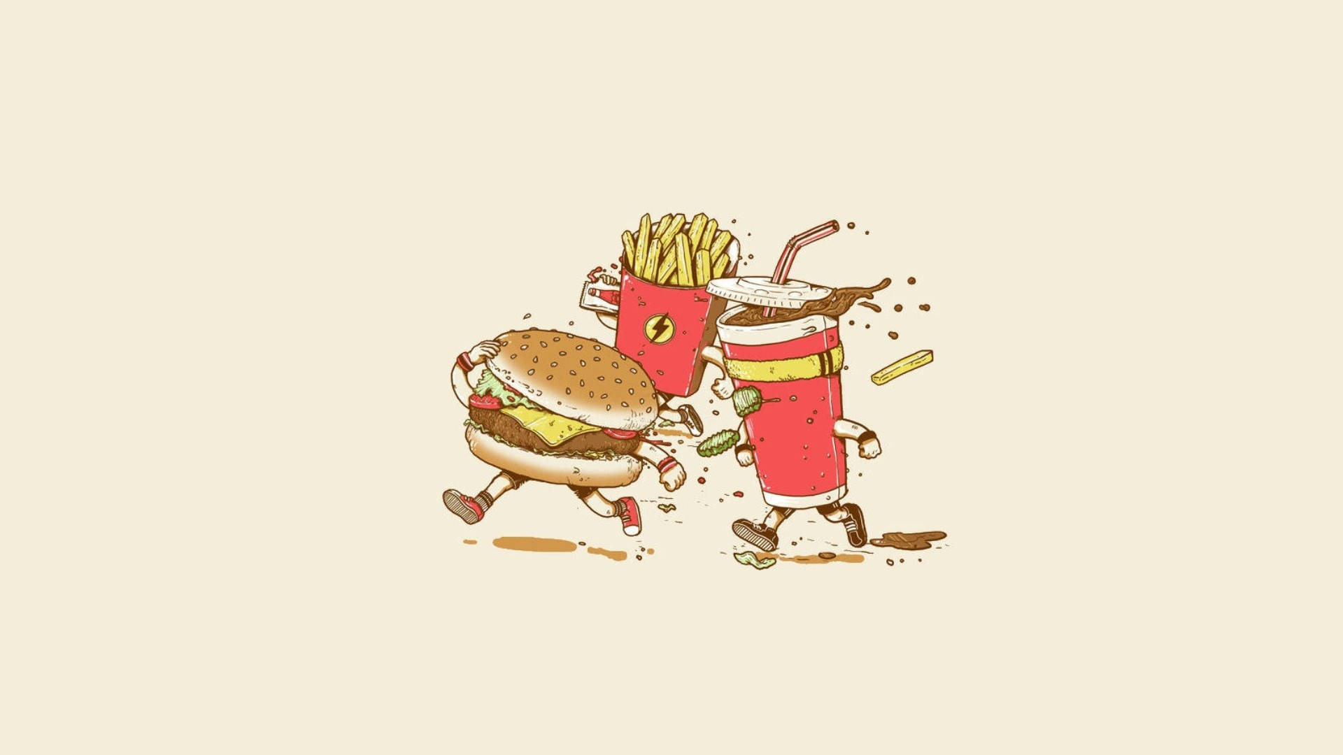 Running French Fries, cartoon burger and fries cup, arms legs and straws, Full HD Desktop Wallpaper