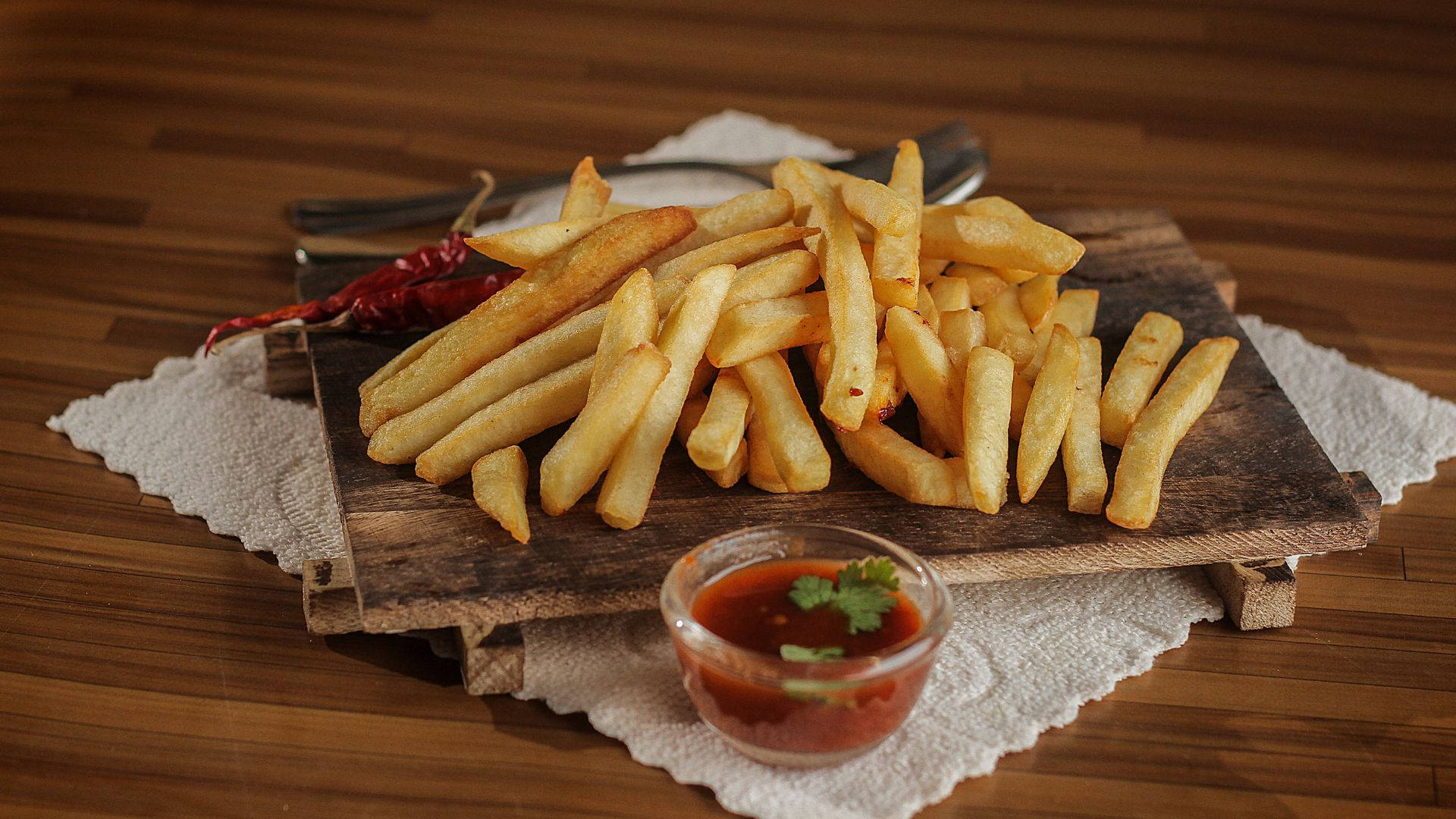 golden french fries, rustic wooden platter, red dipping sauce, Full HD Desktop Wallpaper