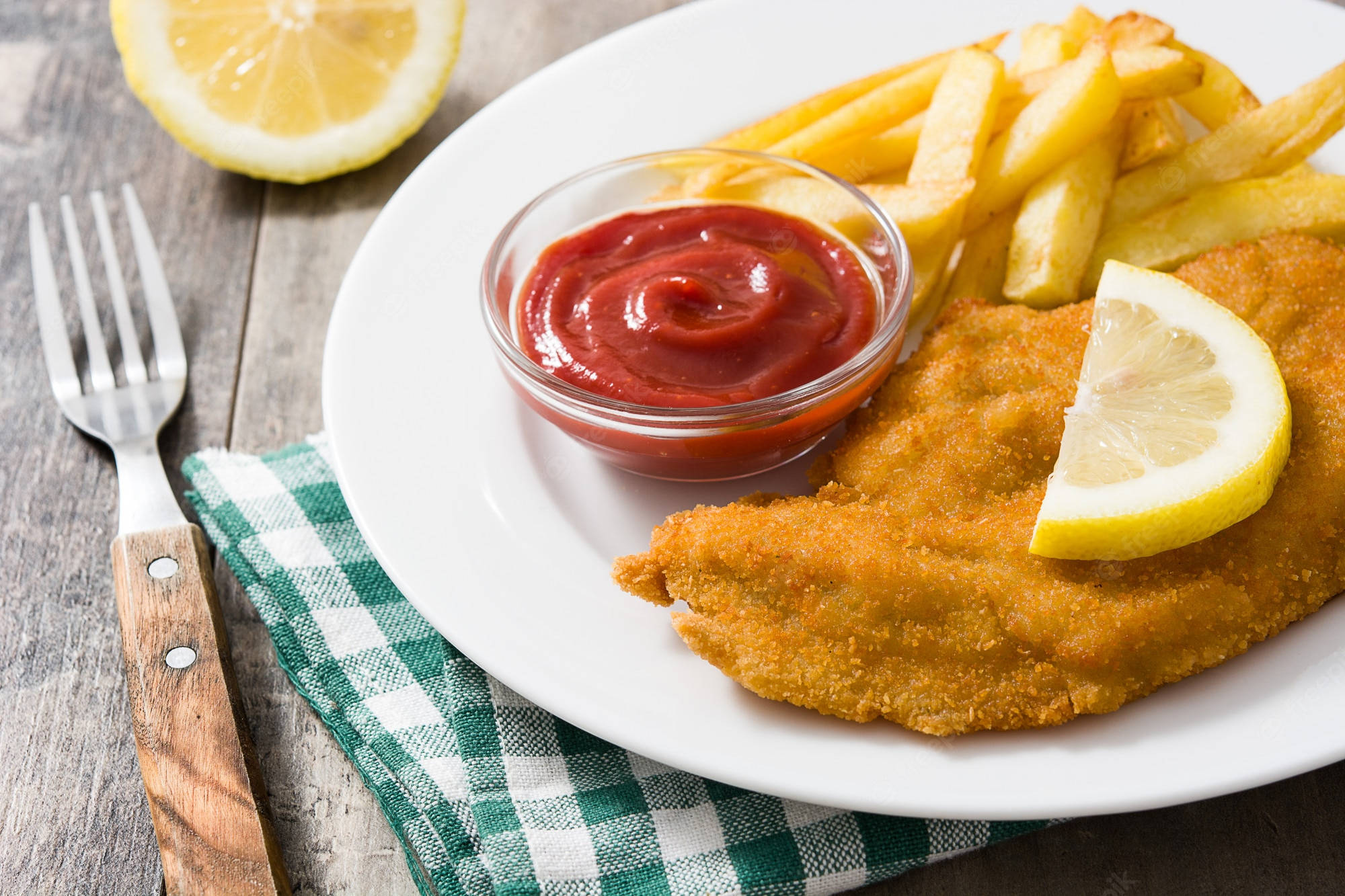 Wiener Schnitzel, fries, ketchup, Full HD Desktop Wallpaper