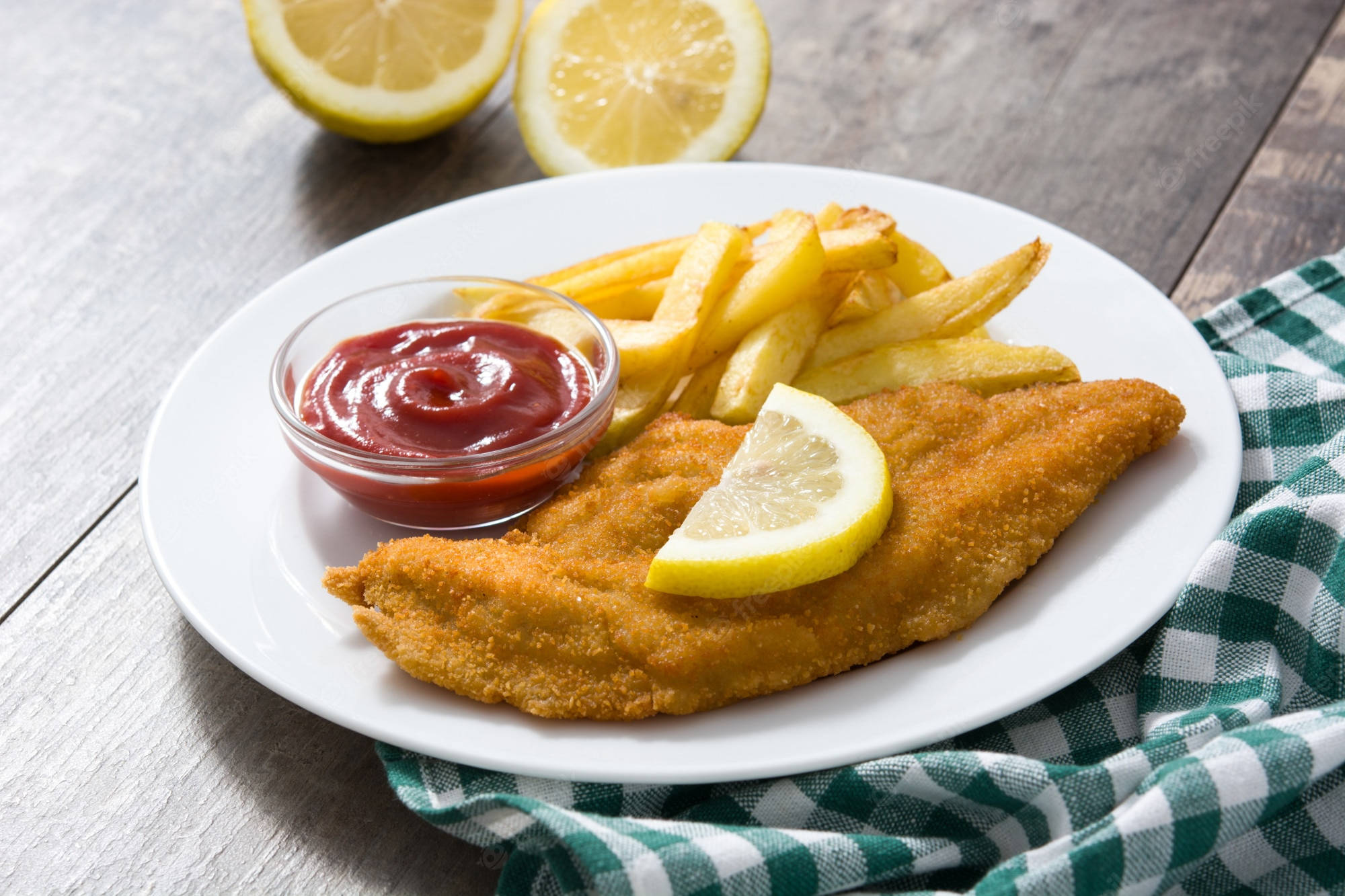 Wiener Schnitzel, ketchup, fries, Full HD Desktop Wallpaper