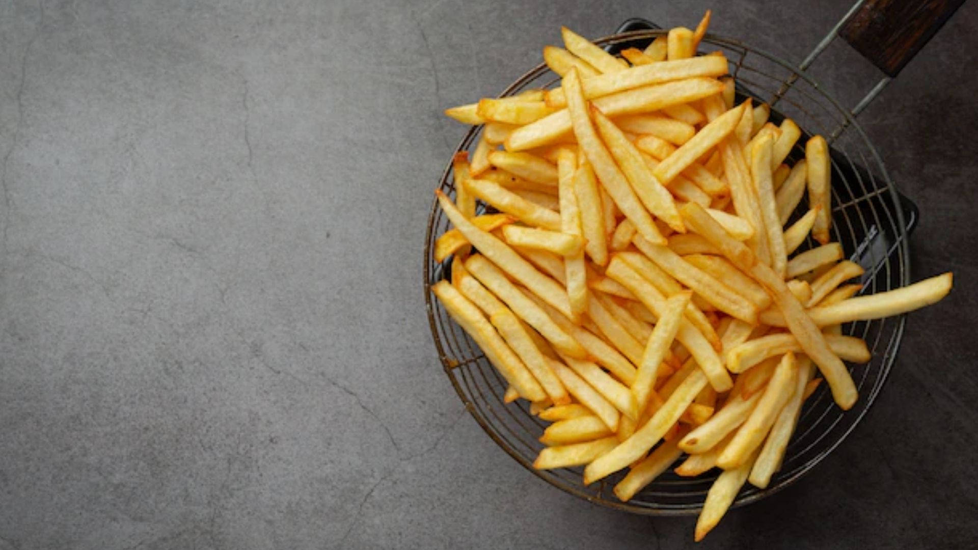 French fries, metal fry basket, textured gray concrete background, Full HD Desktop Wallpaper