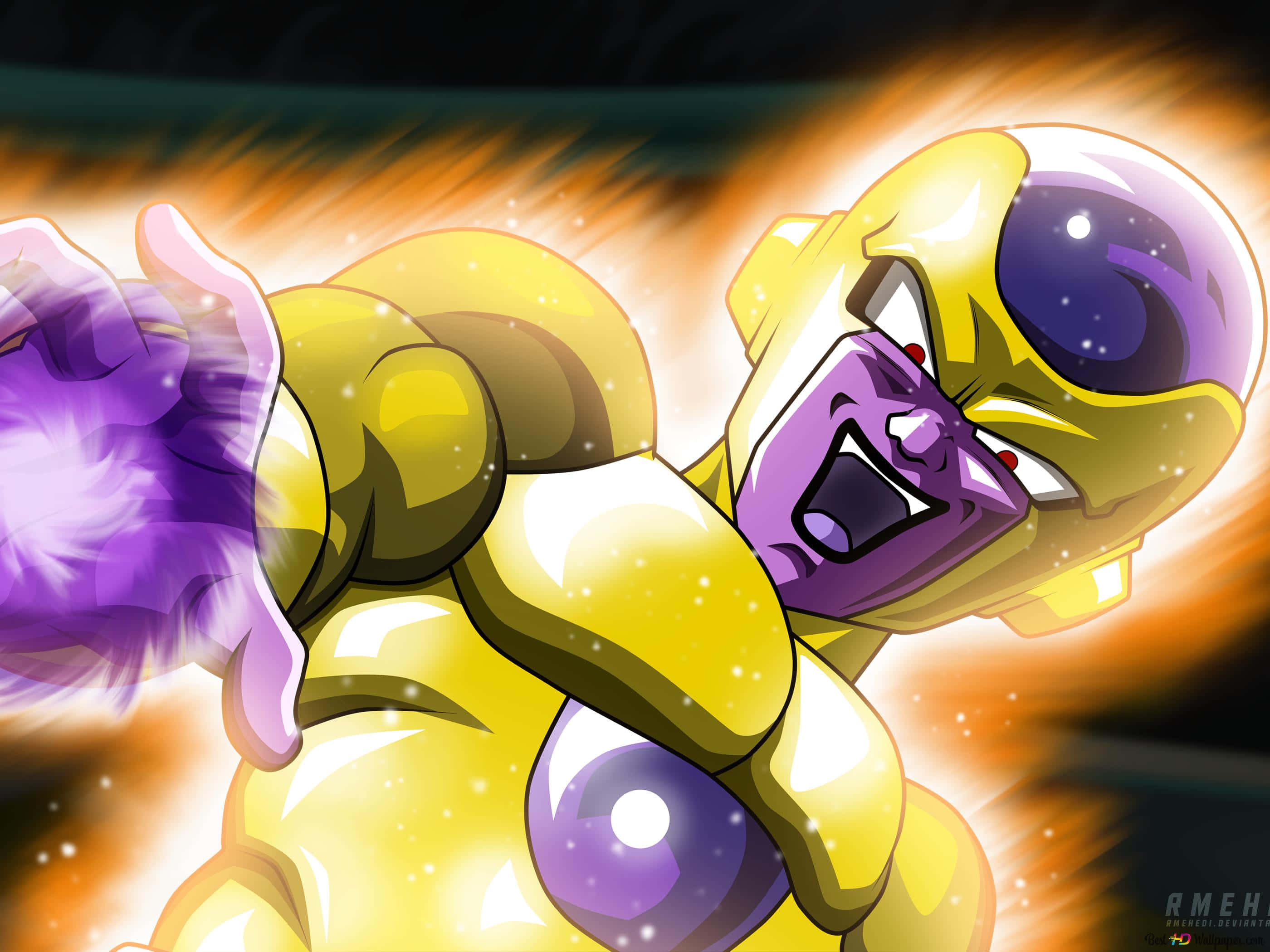 Frieza, golden armored anime character, purple eyes, 2K Desktop Wallpaper