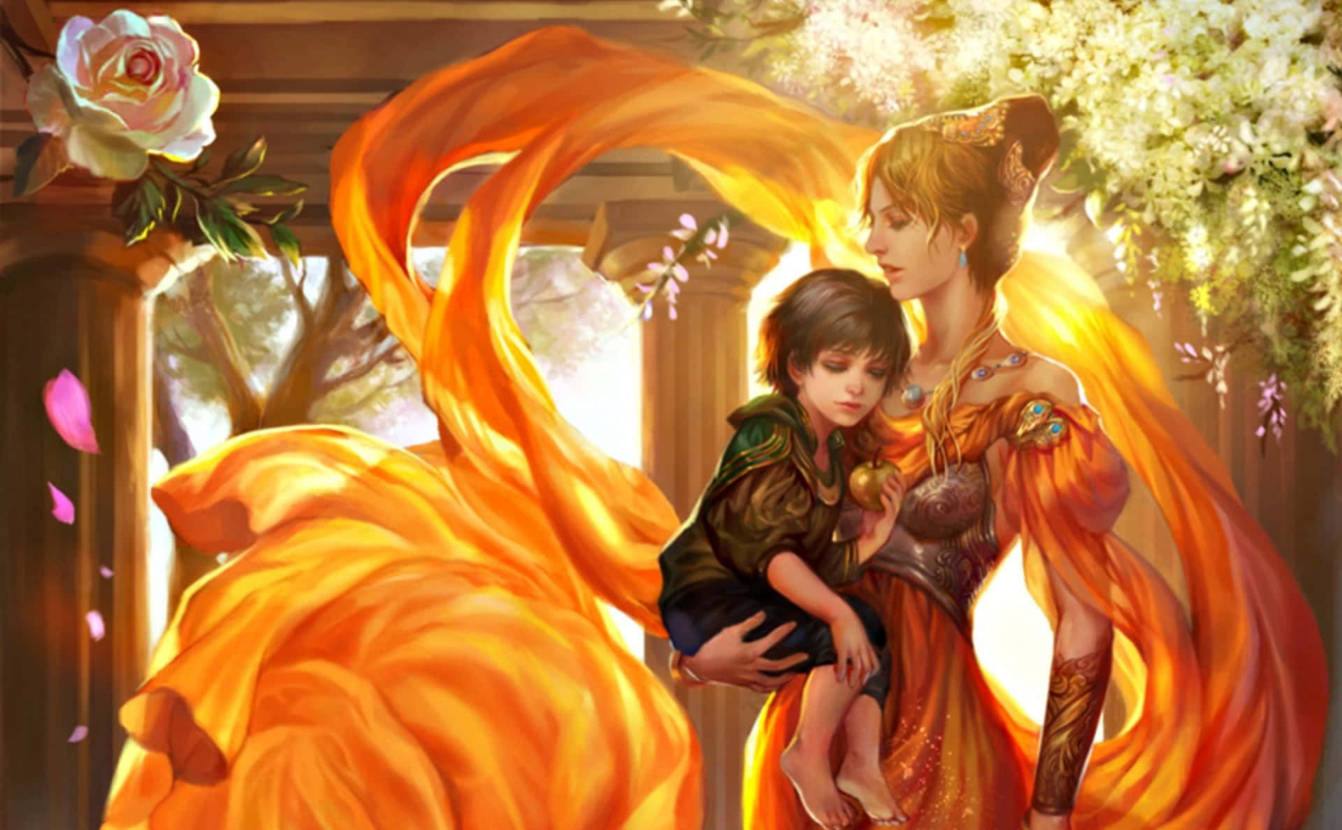 Frigga, orange robes, four-stringed instrument, Full HD Desktop Wallpaper