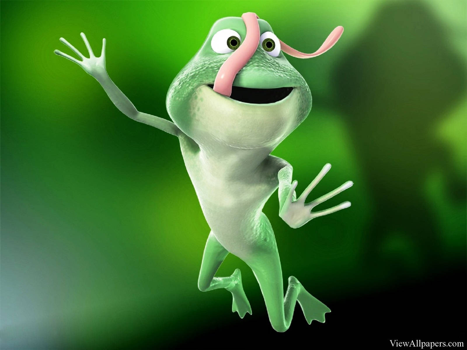 cartoon frog, pink tongue, vibrant green blurred background, HD Desktop Wallpaper