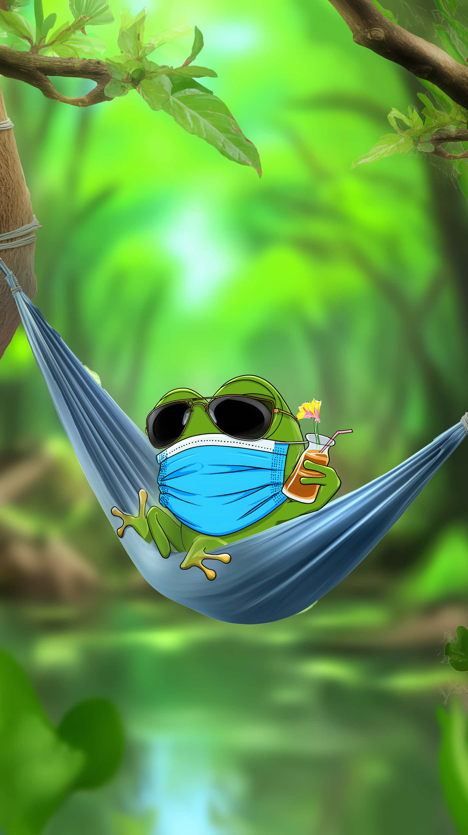 cool cartoon frog, sunglasses, face mask, 2K Phone Wallpaper