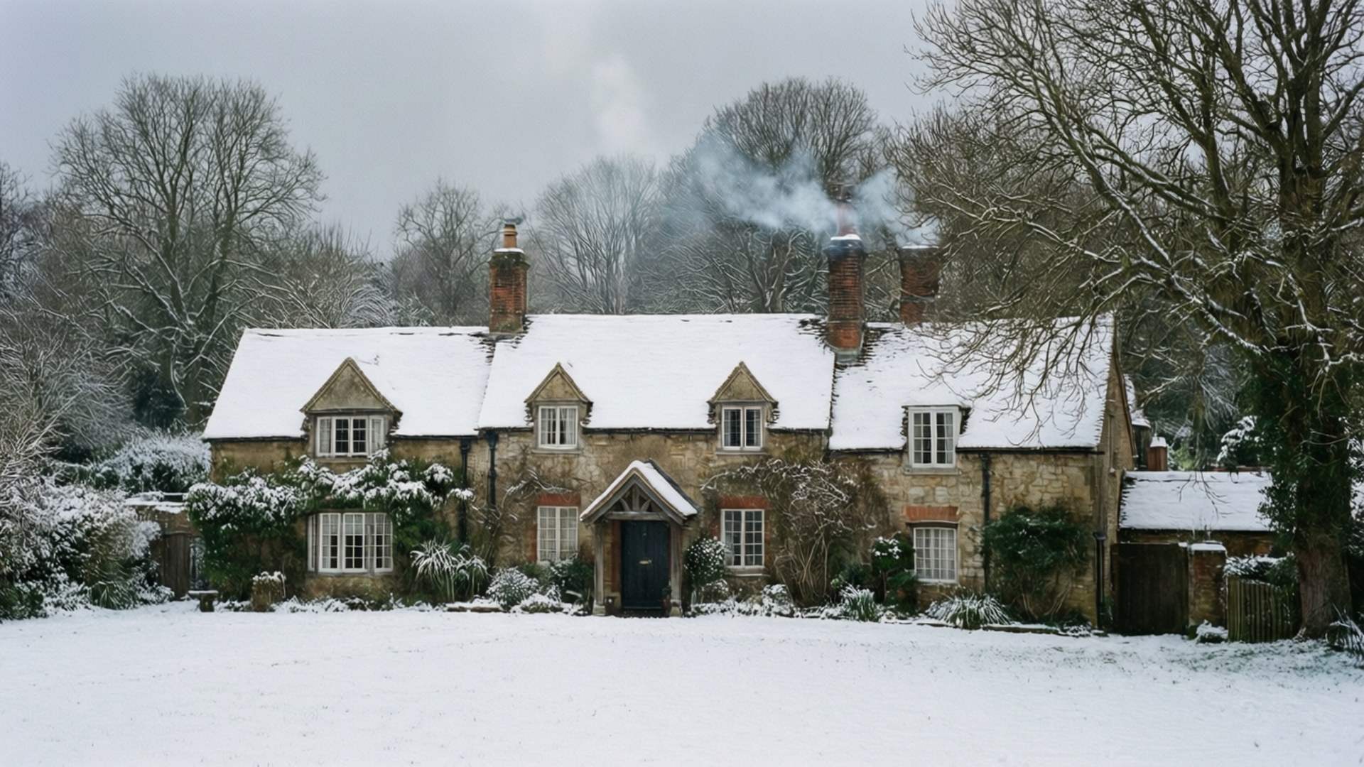 Frogmore Cottage, snow-covered stone cottage, smoking chimneys, Full HD Desktop Wallpaper