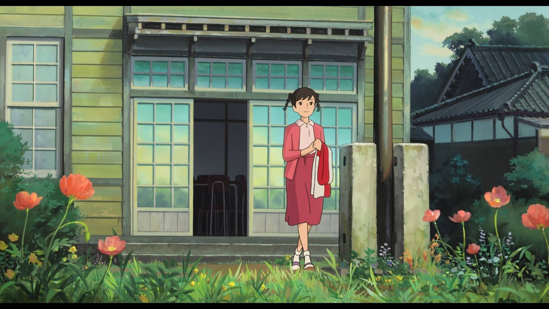 From up on poppy hill, pink dress, wooden house, Full HD Desktop Wallpaper
