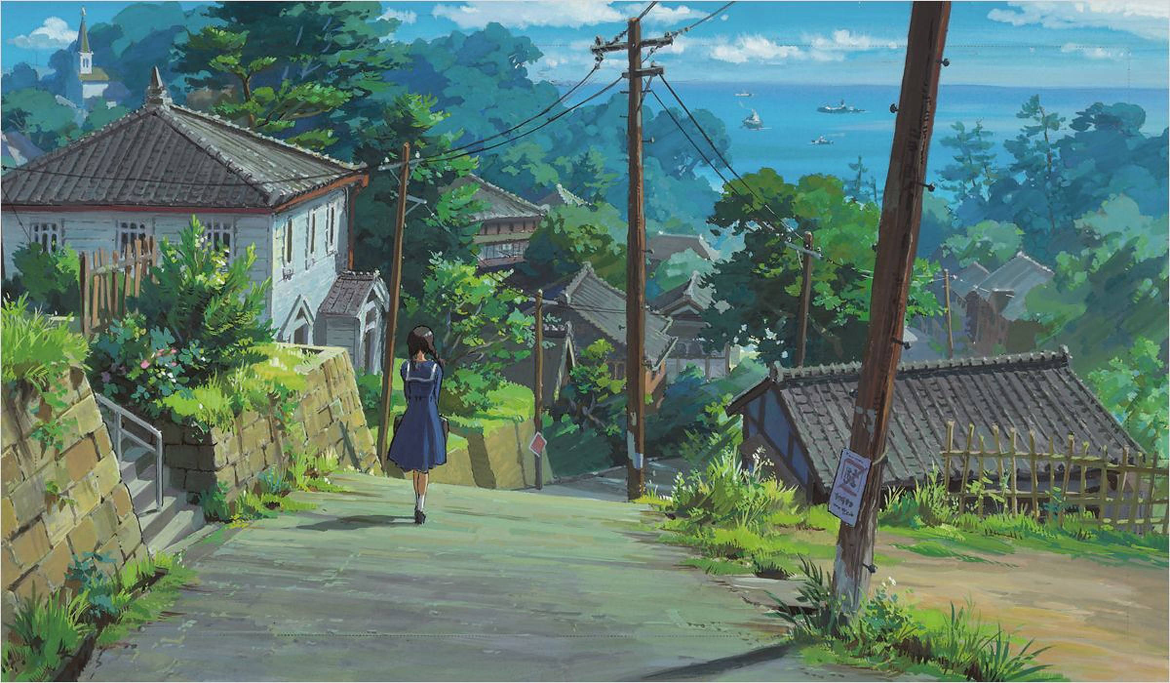 From Up On Poppy Hill, blue dress, sunlit stone path, Full HD Desktop Wallpaper