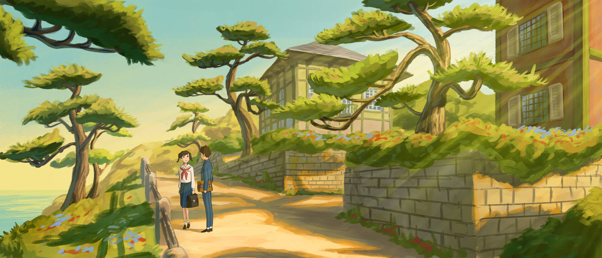 From up on poppy hill, school uniforms, sunlit coastal path, Full HD Desktop Wallpaper