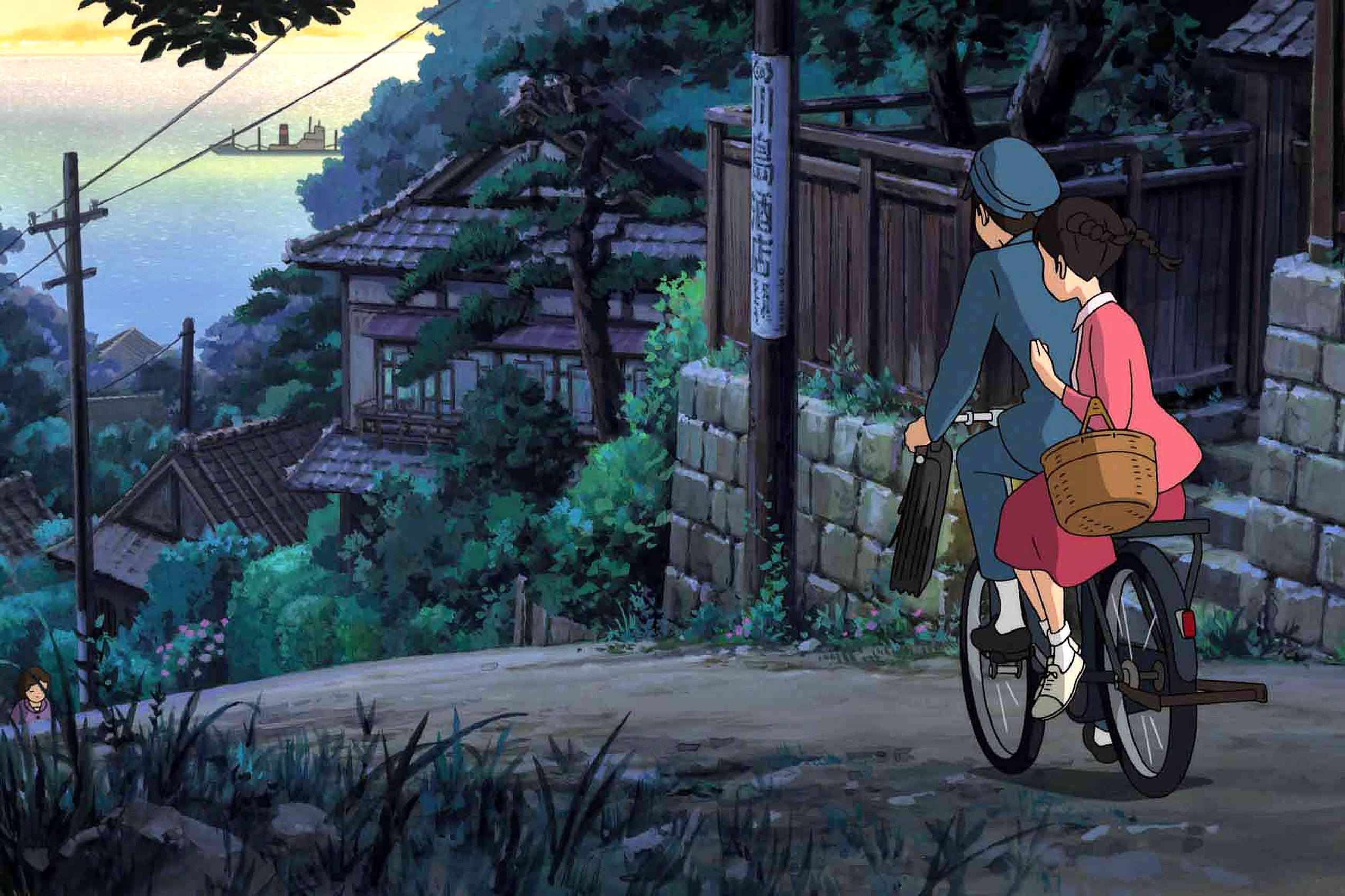 From up on poppy hill, bicycle scene, sunset, Full HD Desktop Wallpaper