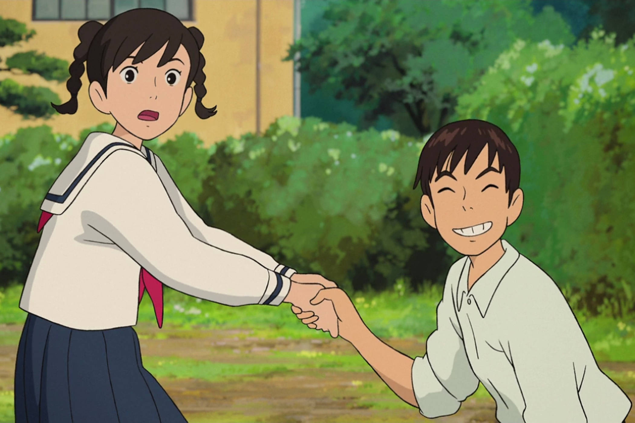 From Up On Poppy Hill, school uniforms, bright green foliage, Full HD Desktop Wallpaper