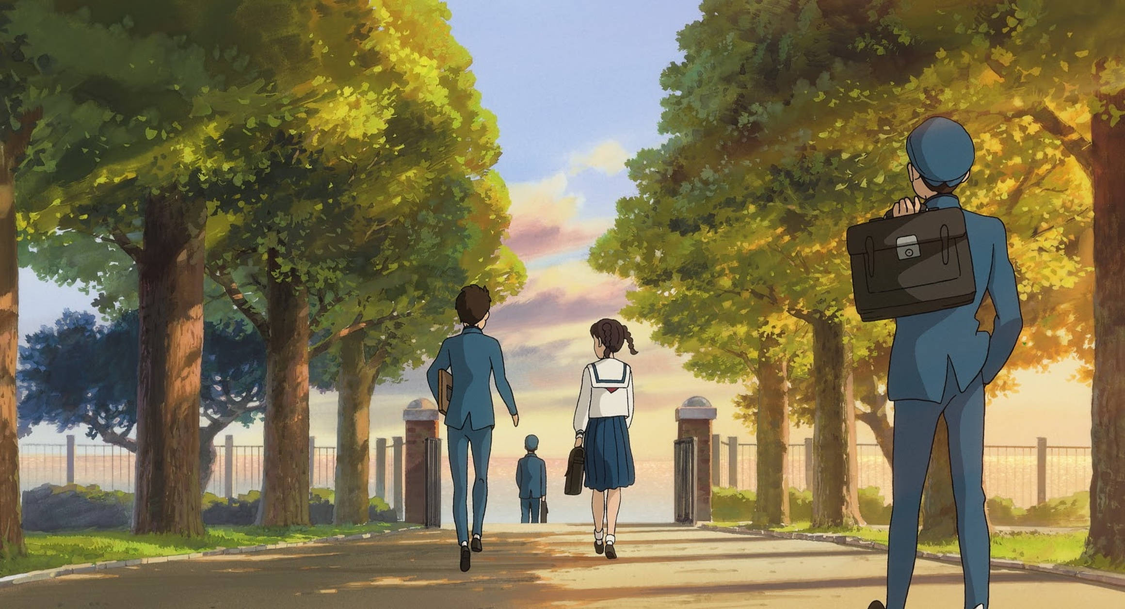 From up on poppy hill, blue uniforms, tree-lined path, Full HD Desktop Wallpaper