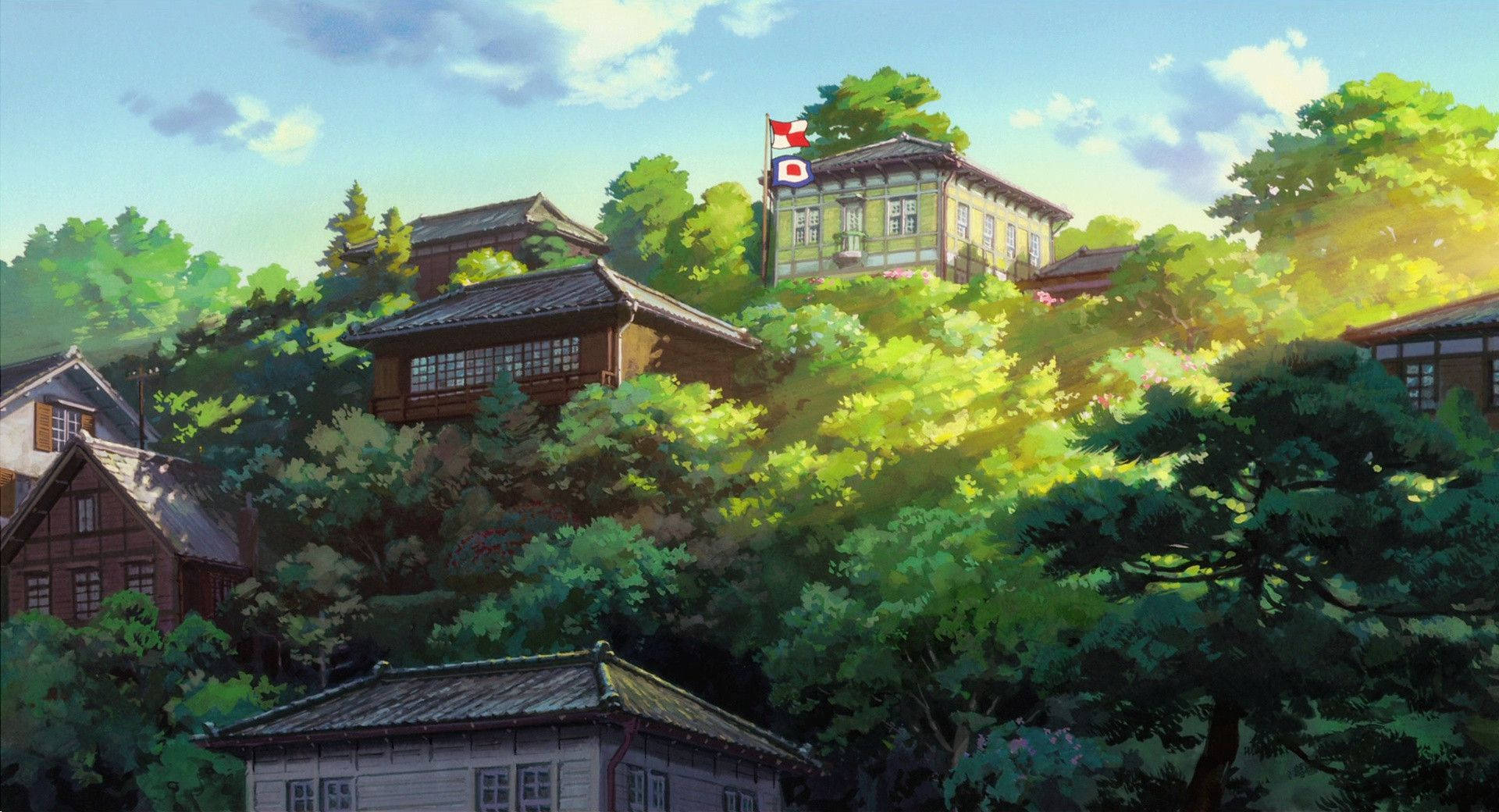 From up on poppy hill, traditional Japanese houses, lush green trees, Full HD Desktop Wallpaper