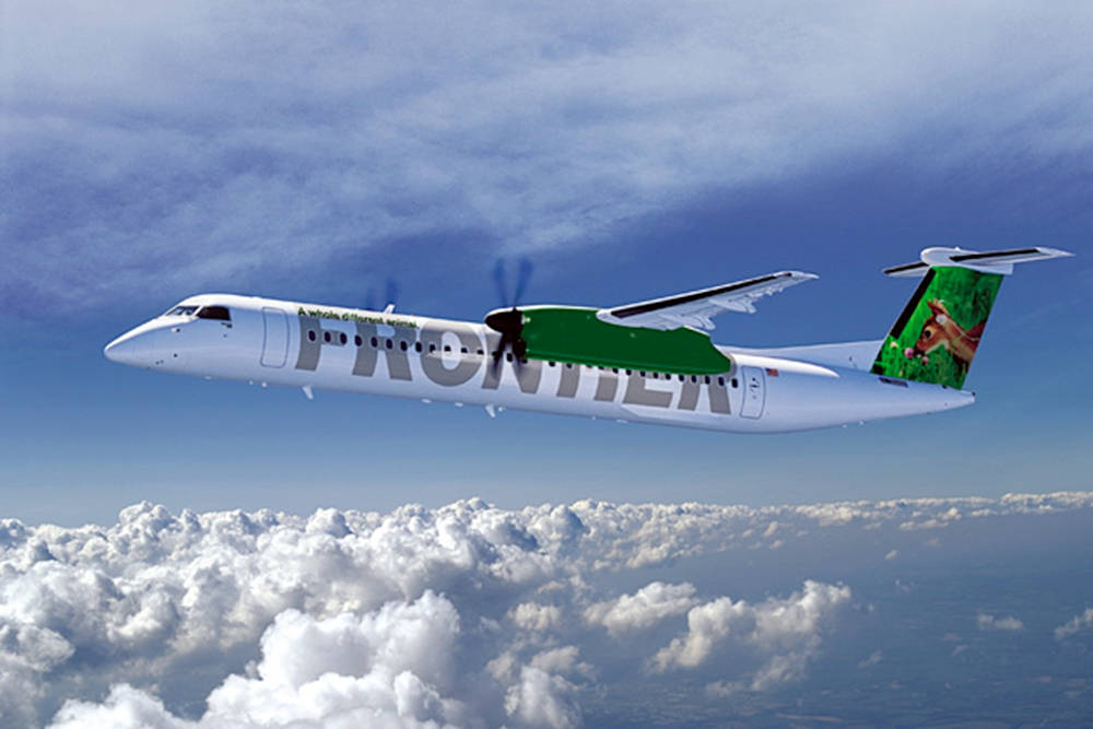Frontier Airlines, turboprop plane, fluffy white clouds, SD Desktop Wallpaper