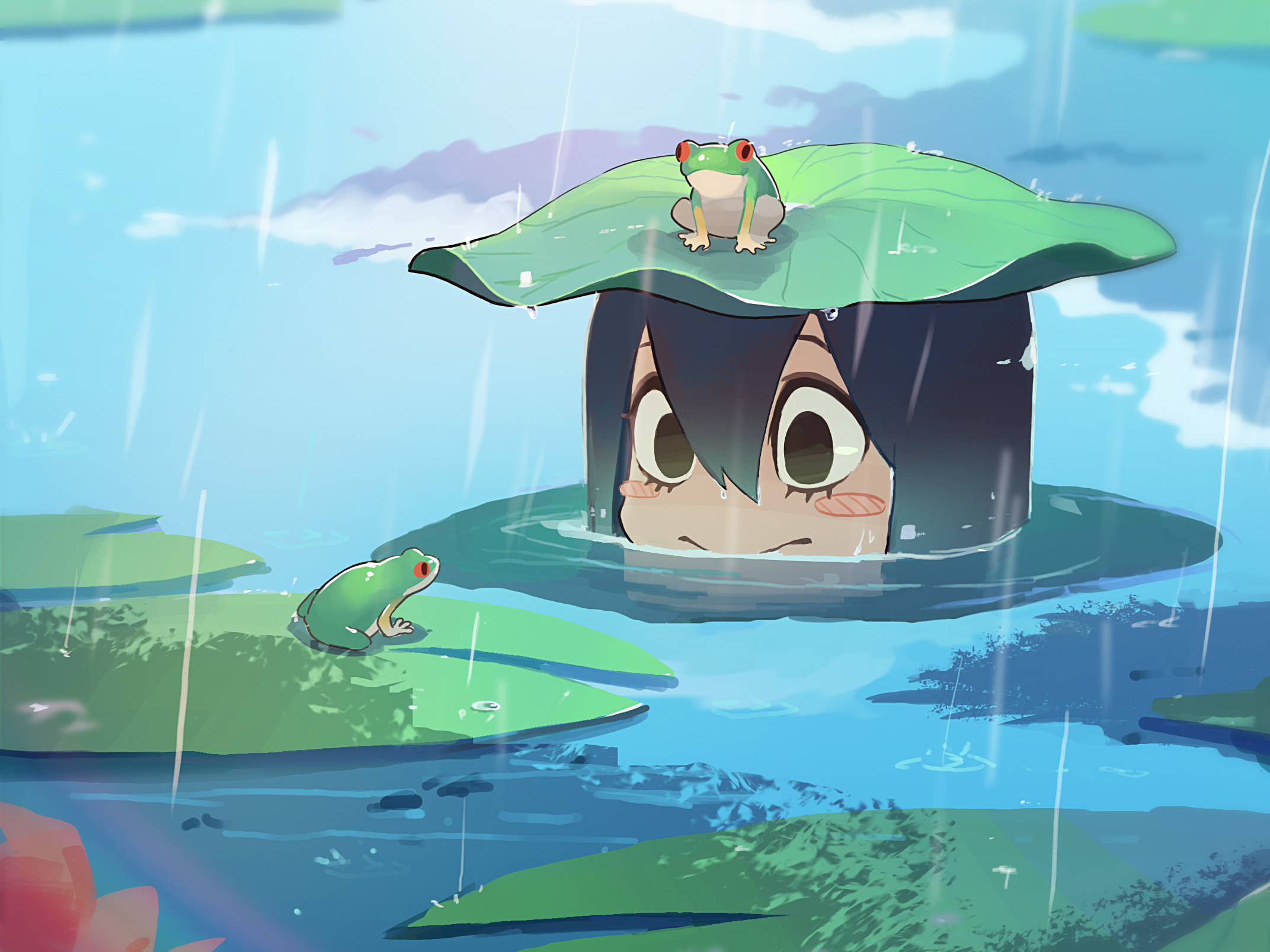Froppy, lily pad, anime girl, Full HD Desktop Wallpaper