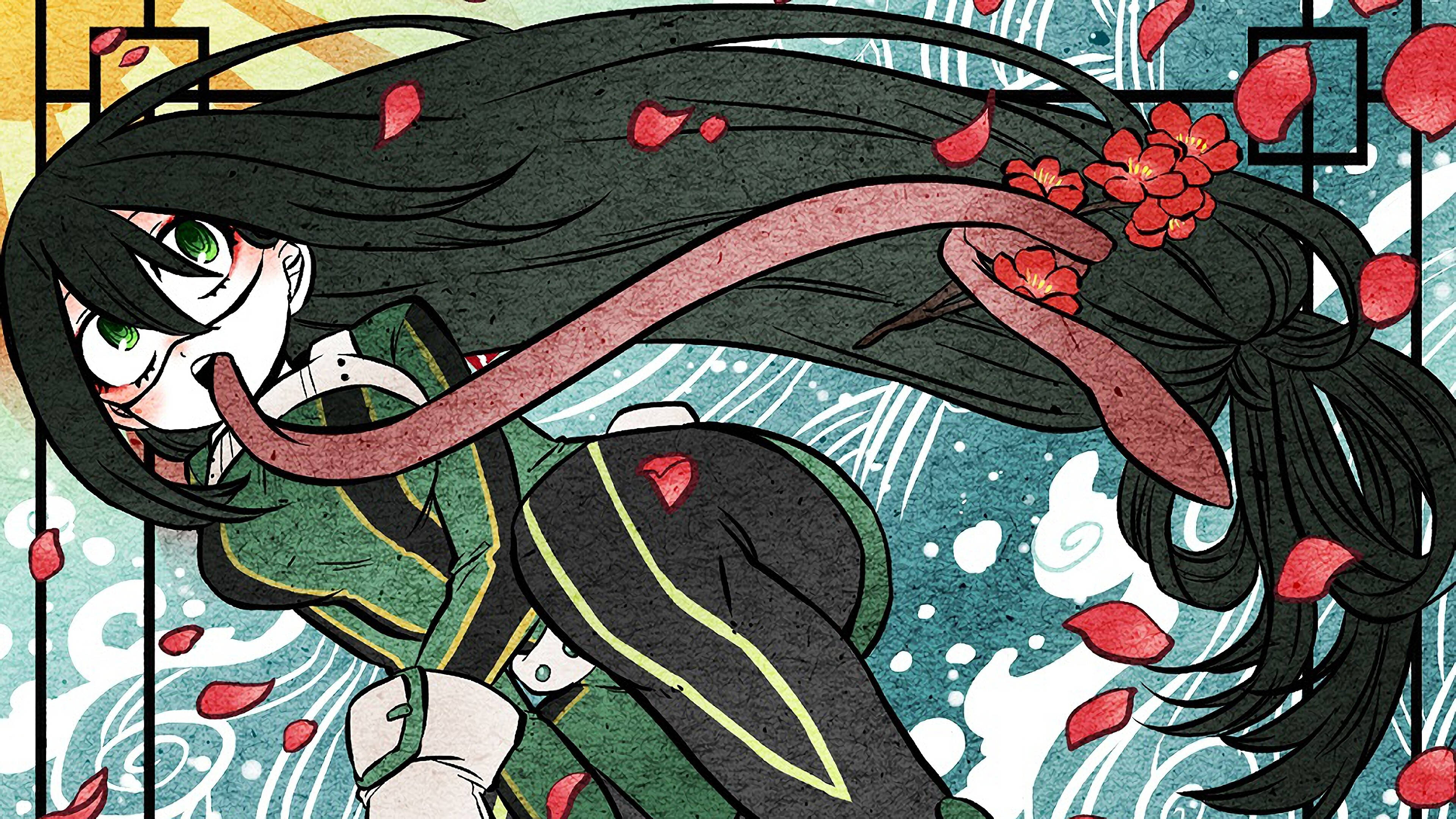 Froppy, Japanese style painting, long black hair, 4K Desktop Wallpaper